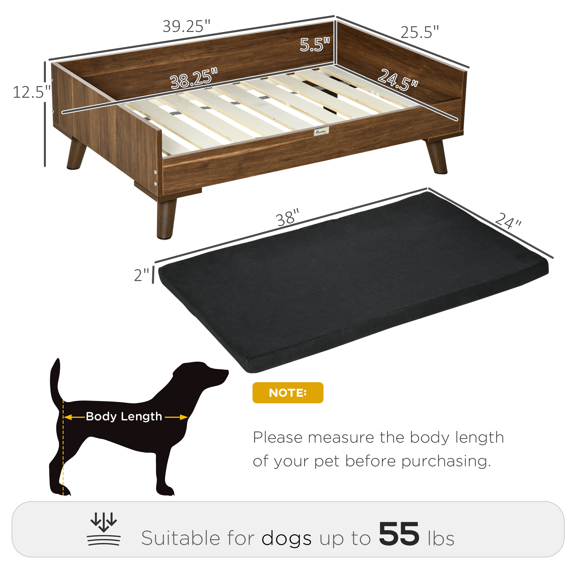 PawHut Elevated Dog Bed with Soft Sponge Cushion, Modern Wood Dog Bed, High  and Upraised off of Durable Steel Legs, Coffee Bean, Jet Black