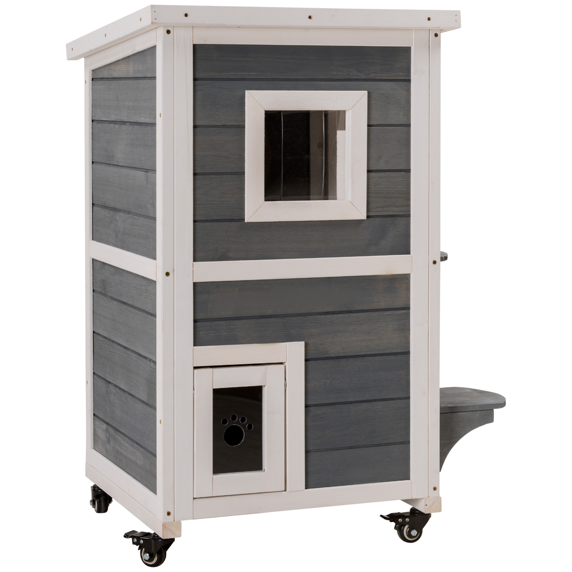 PawHut Wooden 2Floor Cat House with Window, Universal Wheels, Cat Shelter, Kitten Kennel with