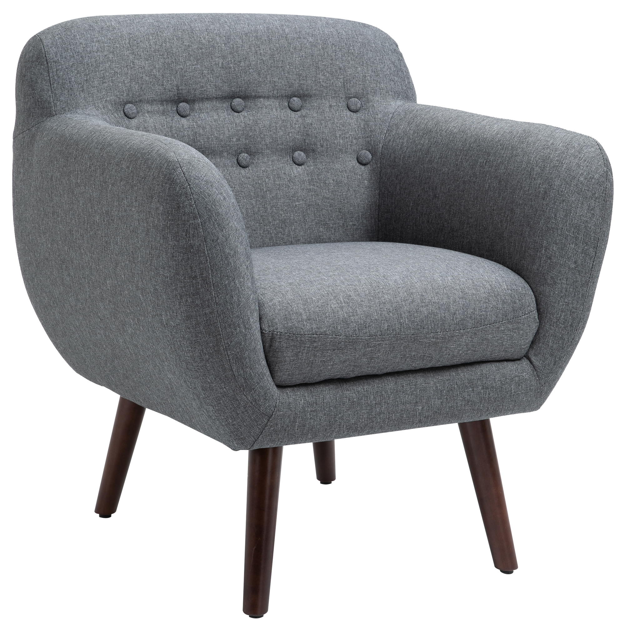 HOMCOM Accent Chair Linen-Touch Tufted Armchair Upholstered Leisure Lounge Sofa Club Chair With Wood Legs, Grey/Walnut