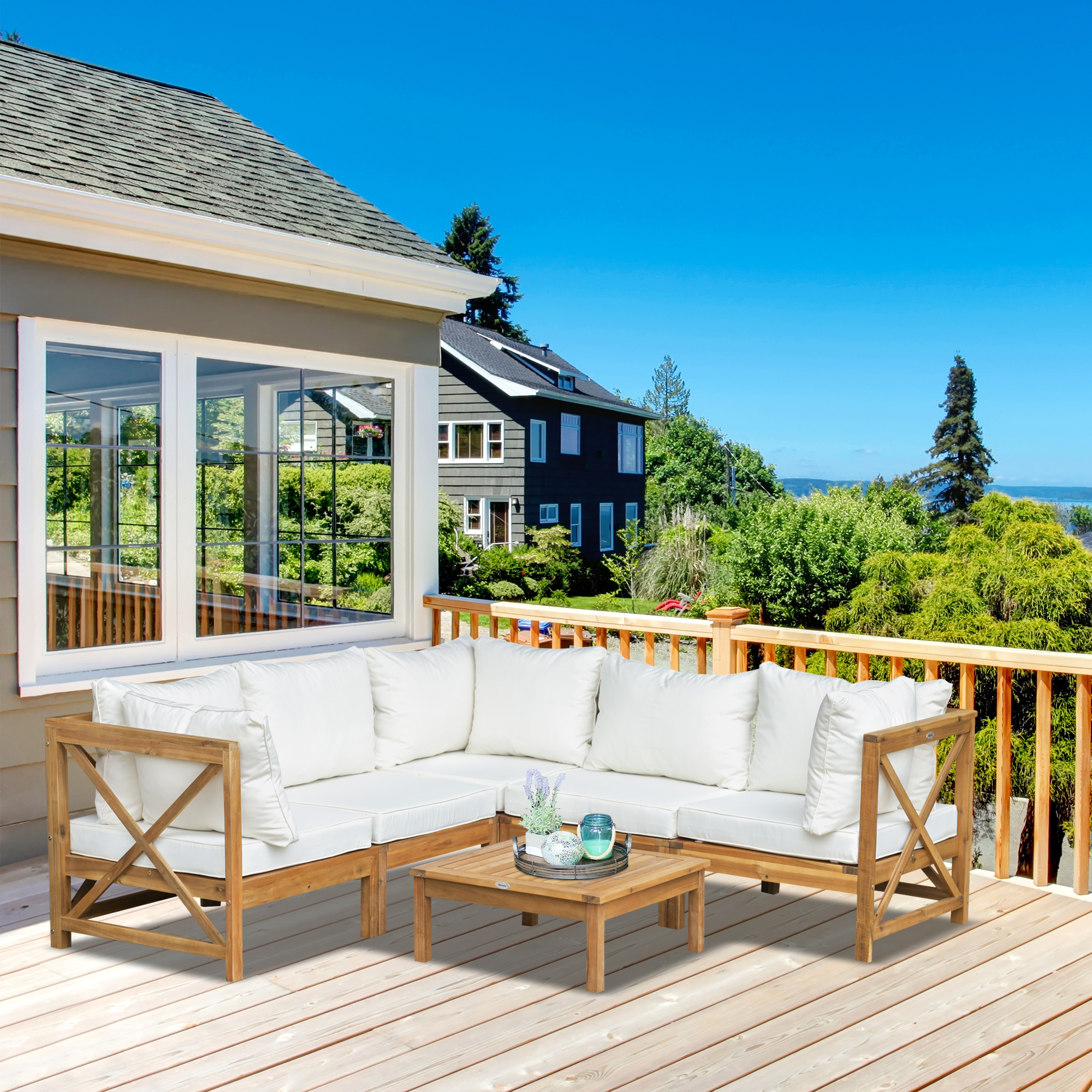 Outsunny 6-Piece Patio Furniture Set, Wooden Conversation