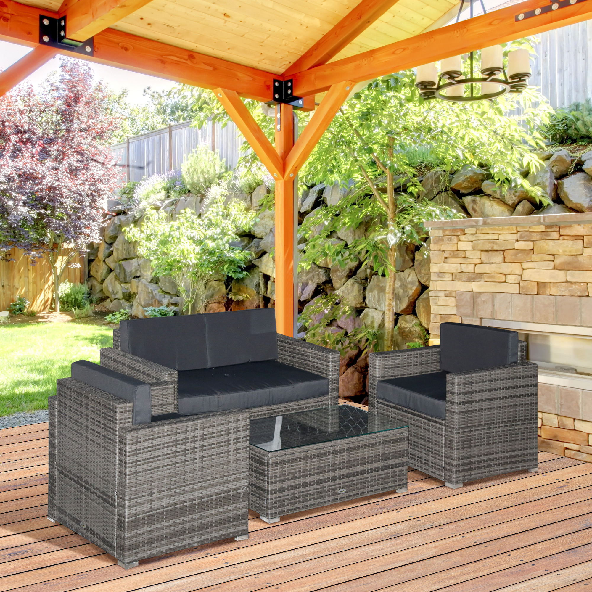 Outsunny 4-Piece Resin Wicker Set Outdoor Seating with Chairs Loveseat Glass Table Gray | Aosom.com