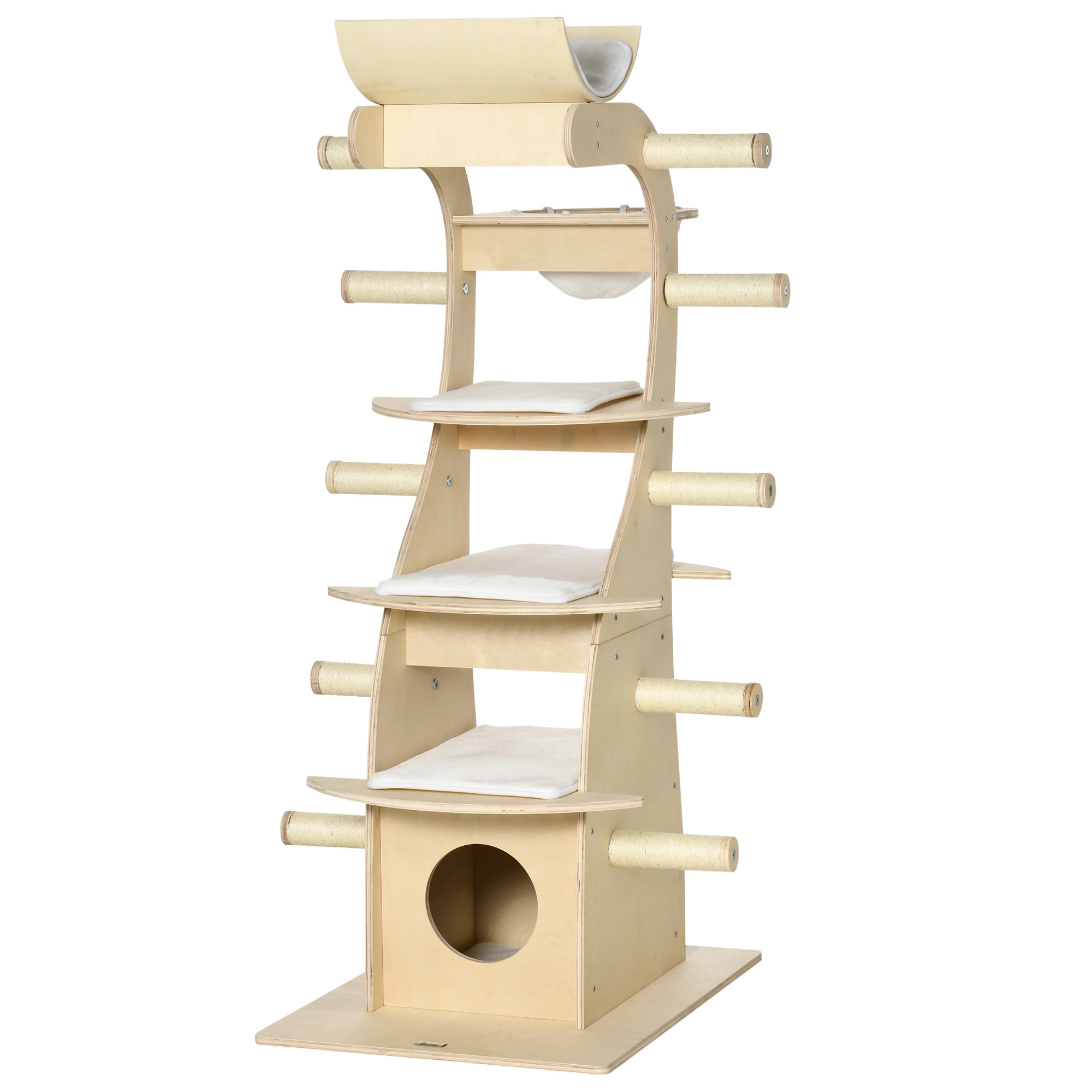 PawHut 63″ Cat Tree Kitty Activity Center Wooden Cat Climbing Toy Pet Furniture with Multiple Perches Cat Condo Cushions Sisal Scratching Post, Beige