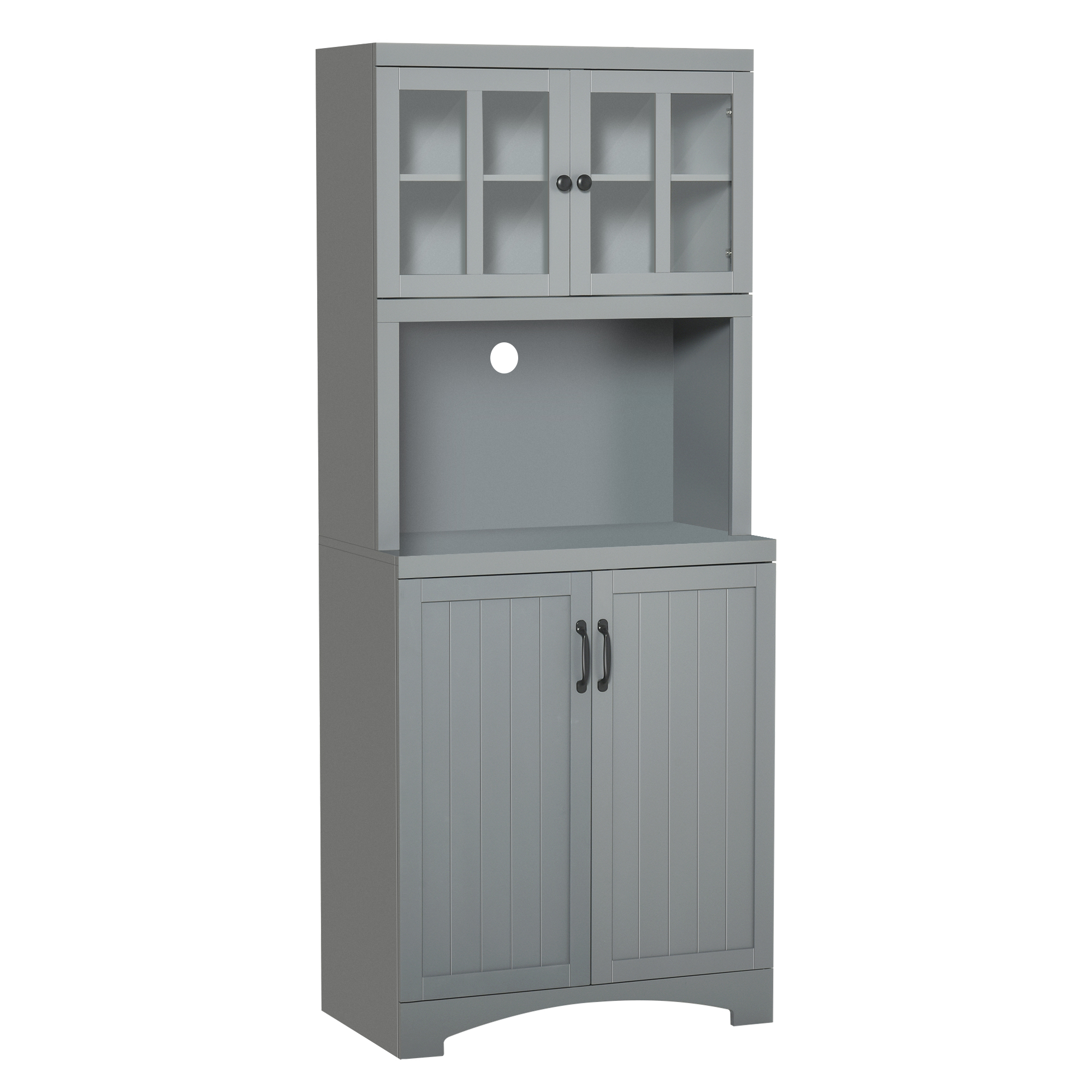 HOMCOM Freestanding Kitchen Pantry Cabinet, Tall Kitchen Storage Cabinet with Glass Framed Door and Microwave Space, Accent Kitchen Pantry, Gray