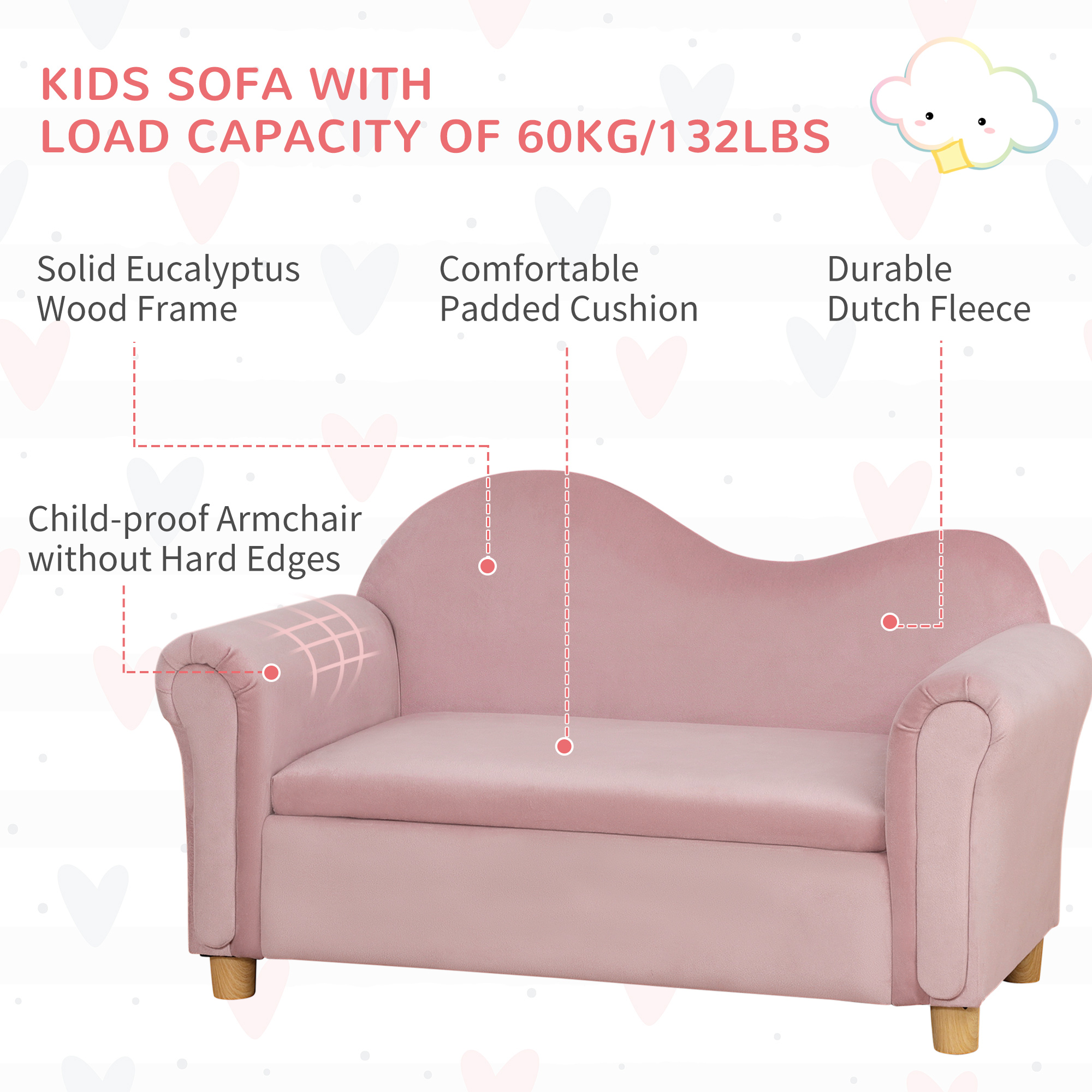 Qaba Small Kids Sofa With Inner Toy Storage Chest, Velvet Kids Couch With Soft Arms, Children's Lounge Furniture, Pink