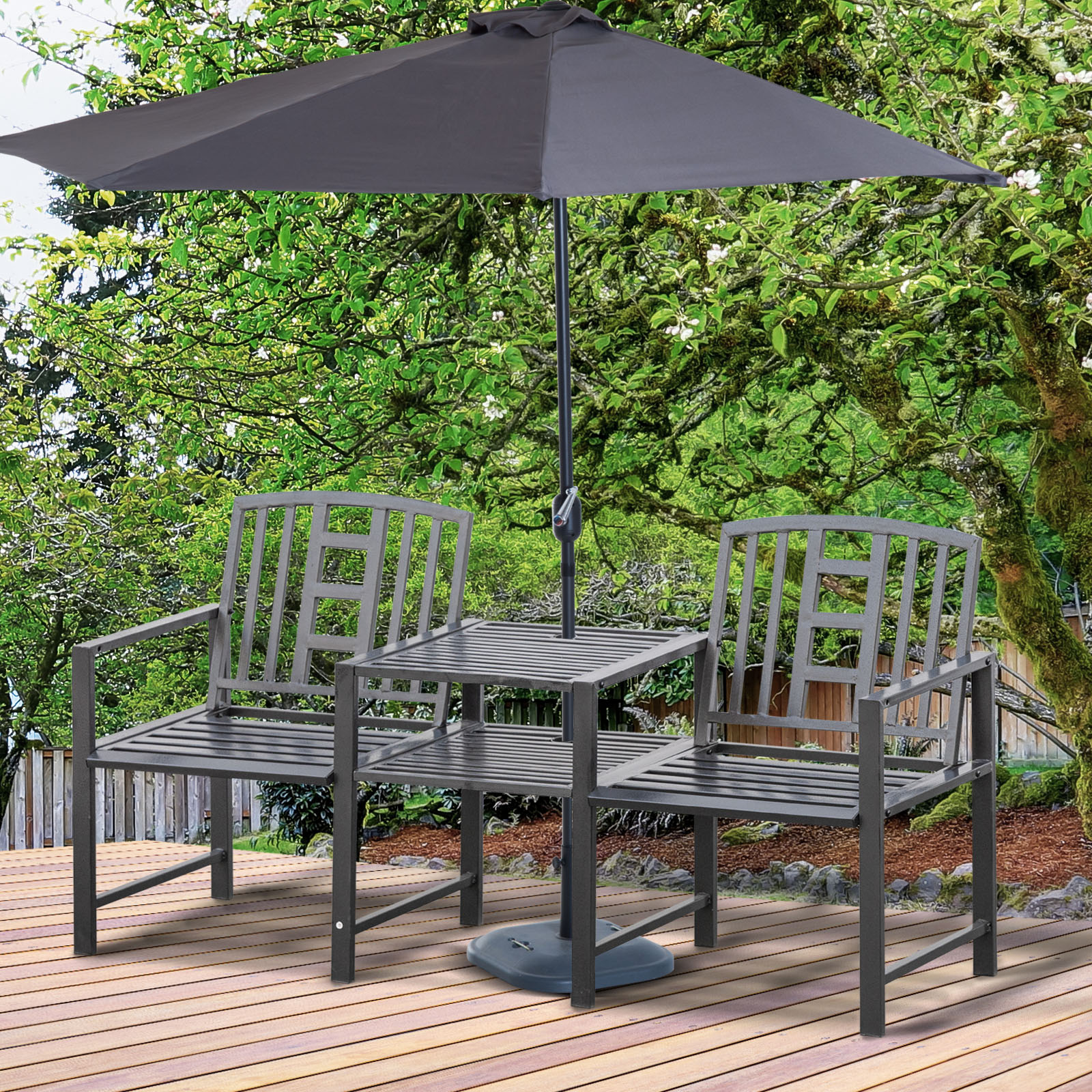 Outsunny Steel Garden Bench w/ Middle Table Umbrella Hole Double Seat