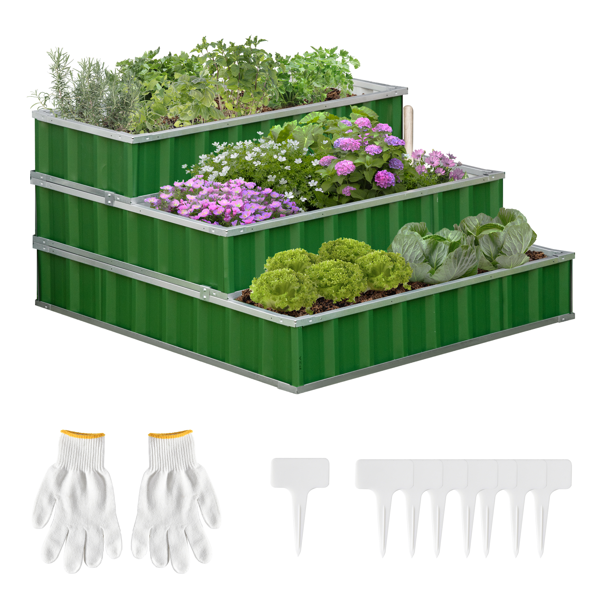 Outsunny 47''x47''x25'' 3 Tier Raised Garden Bed, Metal Elevated Planer Box Kit W/ A Pairs Of Glove For Backyard, To Grow Vegetables, Herbs, Green