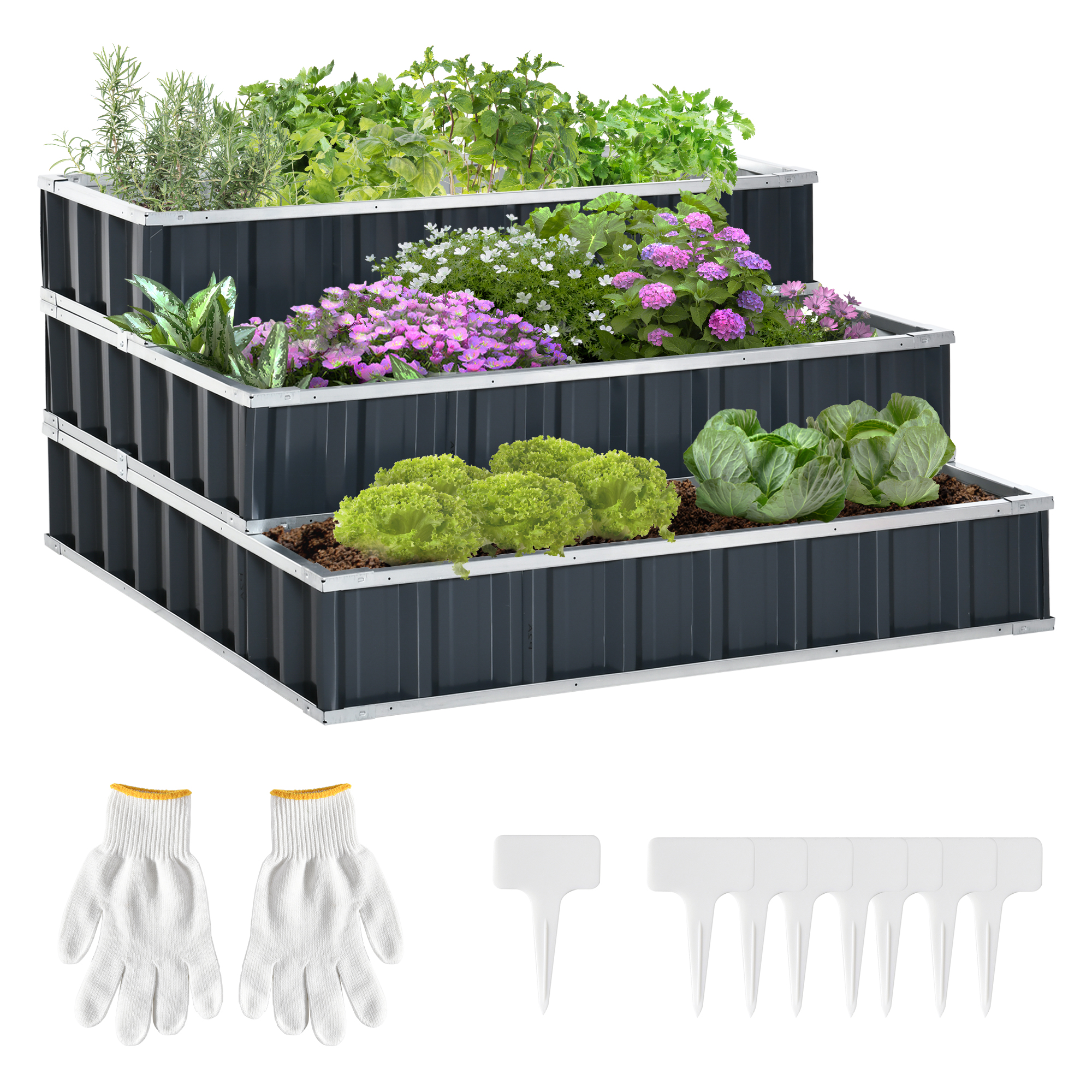 Outsunny 47 X47 X25 3 Tier Raised Garden Bed, Metal Elevated Planer Box Kit W/ A Pairs Of Glove For Backyard, Patio To Grow Vegetables, Herbs