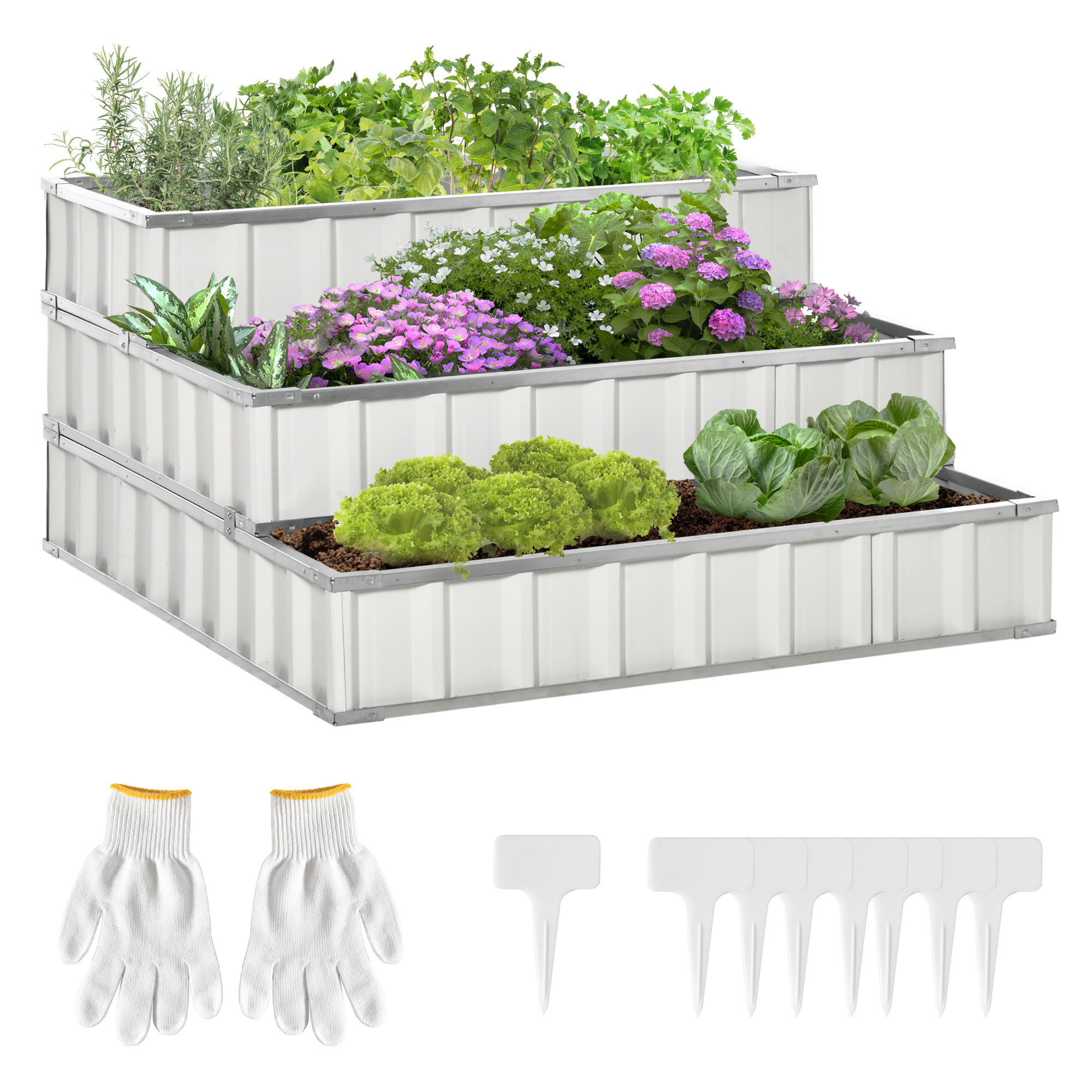 Outsunny 47x47x25 3 Tier Metal Elevated Planter Box Kit Raised Garden Bed with Gloves for Backyard White for Vegetables Herbs | Aosom.com
