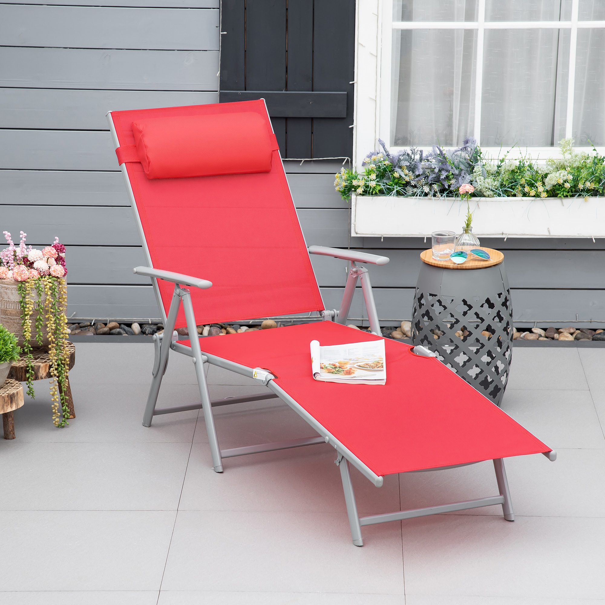 Outsunny Outdoor Folding Chaise Lounge Chair, Portable Lightweight Reclining Sun Lounger With 7-Position Adjustable Backrest & Pillow For Patio, Red