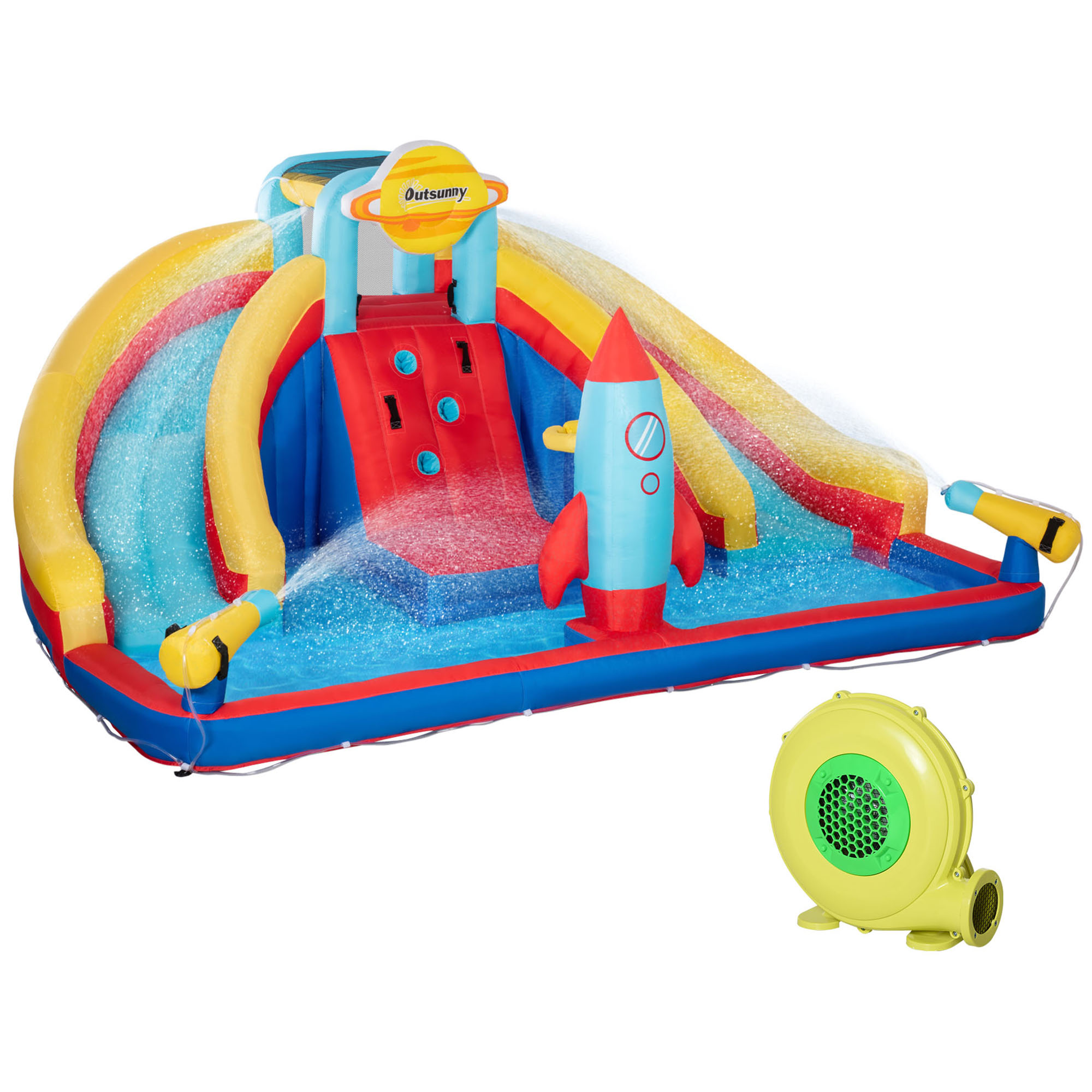 Outsunny 5in1 Inflatable Water Slide with Slide, Pool, Water Gun, Basket, Climbing Wall, 750W