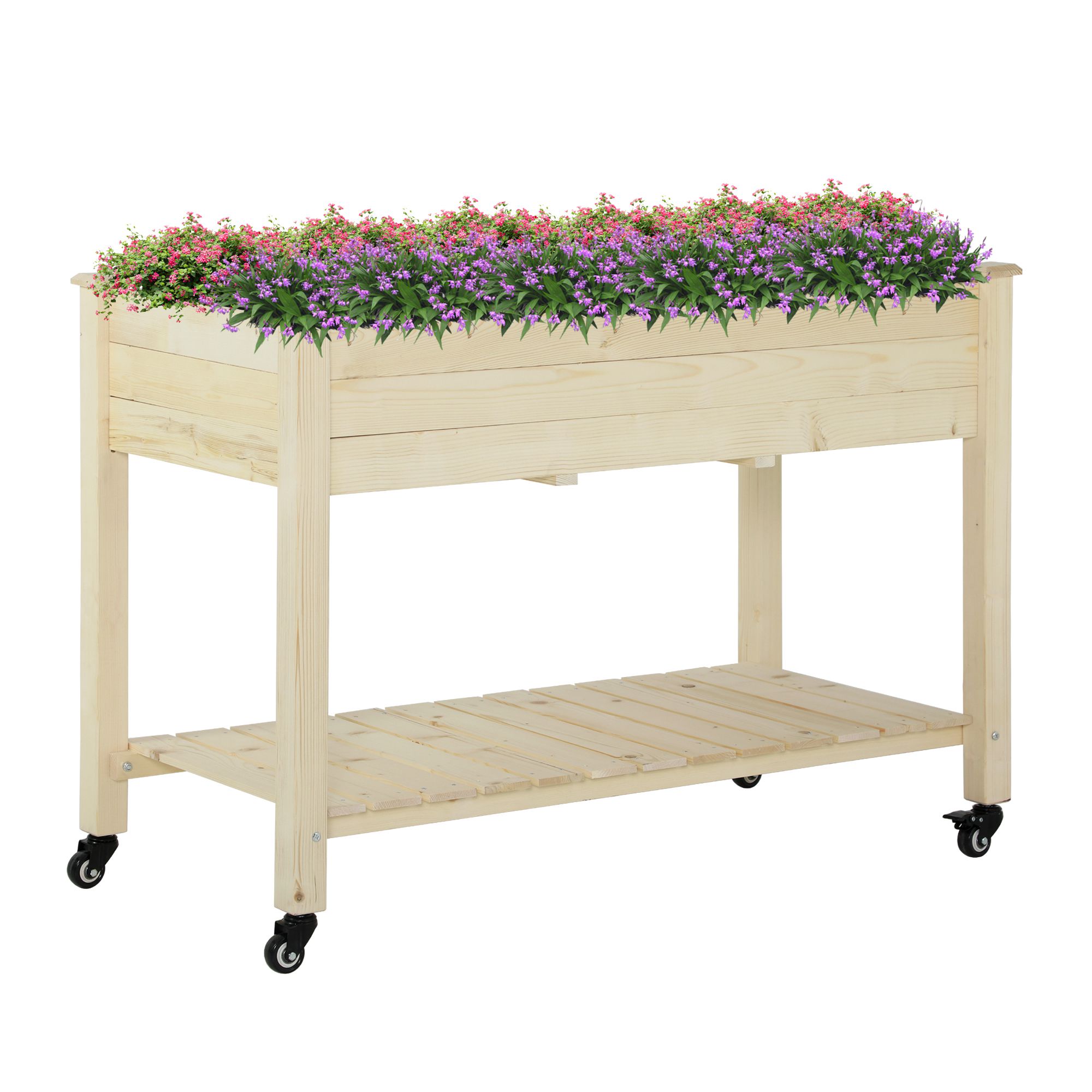 Outsunny Raised Garden Bed Mobile Elevated Wood Planter Box w/ Lockable Wheels, Storage Shelf  for Herbs and Vegetables Backyard Patio Balcony Zebrano