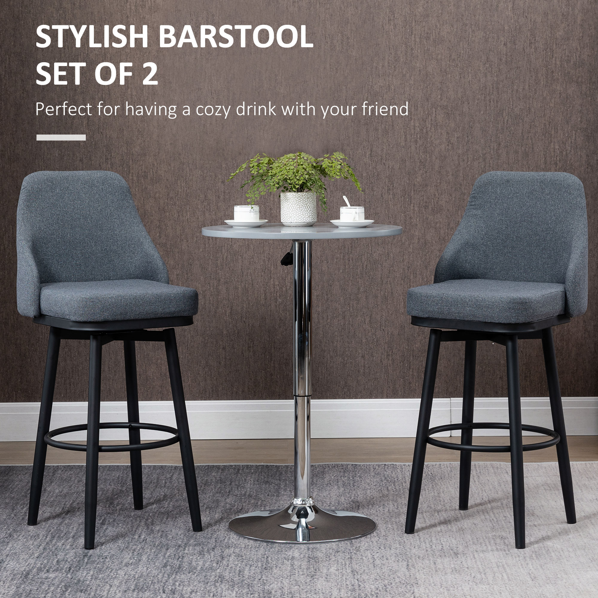 HOMCOM Extra Tall Bar Stools Set Of 2, Modern 360° Swivel Barstools, Dining Room Chairs With Steel Legs And Footrest, Dark Gray