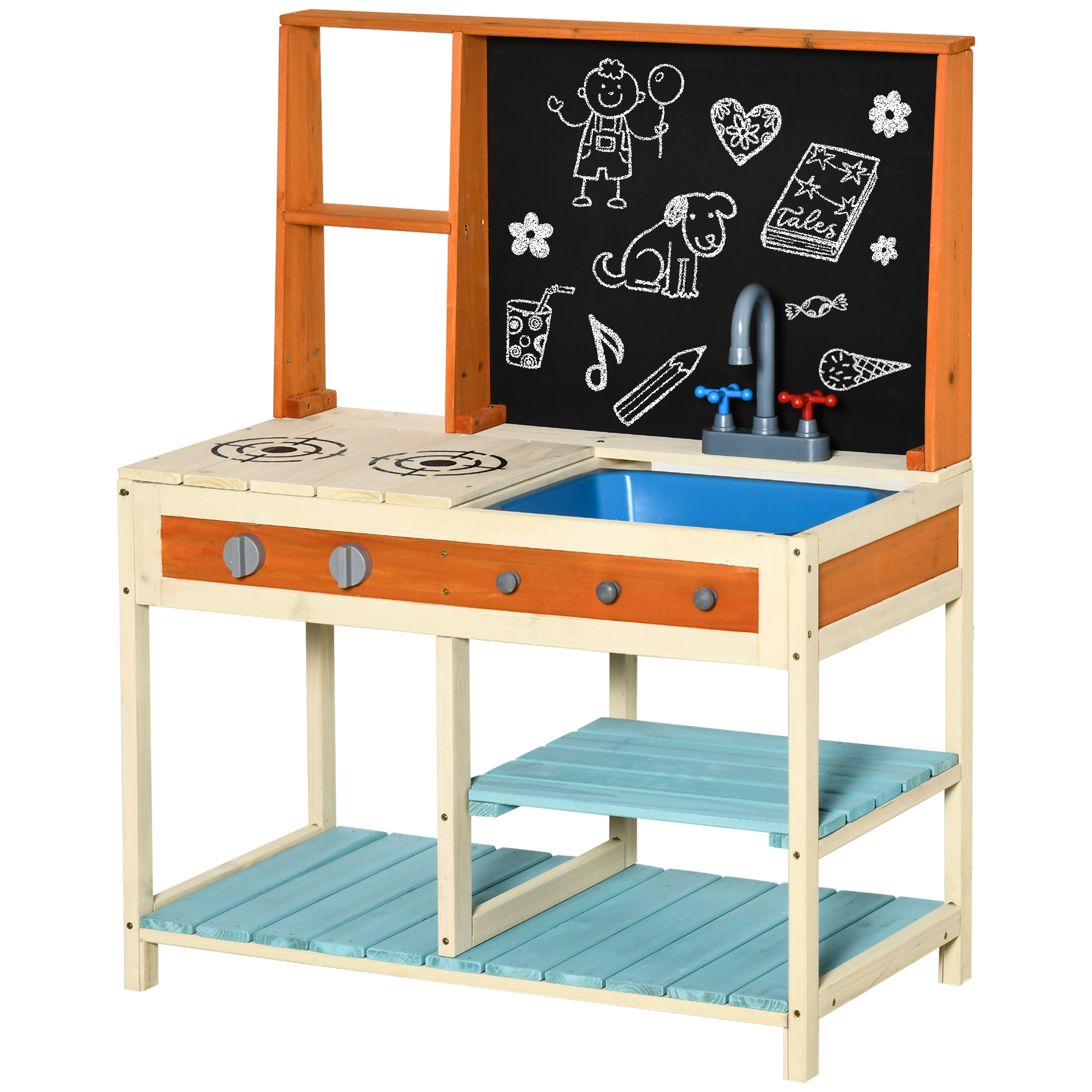 Qaba Kids Kitchen Playset, Wooden Pretend Play Kitchen Toy Set For Toddlers With Chalkboard, Removable Sink, Faucet, Storage Shelves, For 3-8 Years