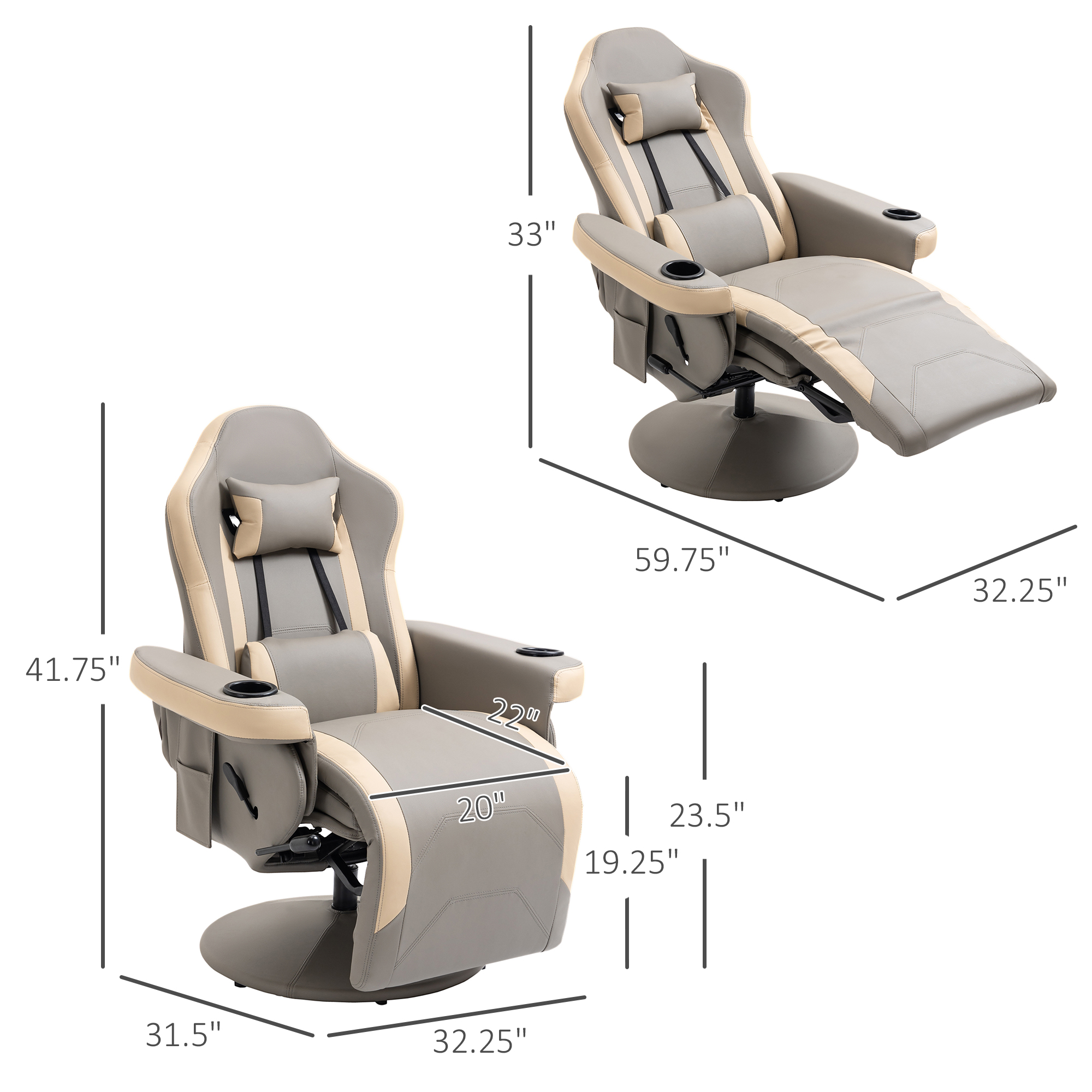 HOMCOM Manual Recliner Armchair, Lounge Chair with Adjustable Leg Rest, 135° Reclining Function, 360° Swivel, Cup Holder & Storage Pocket, Gray 1