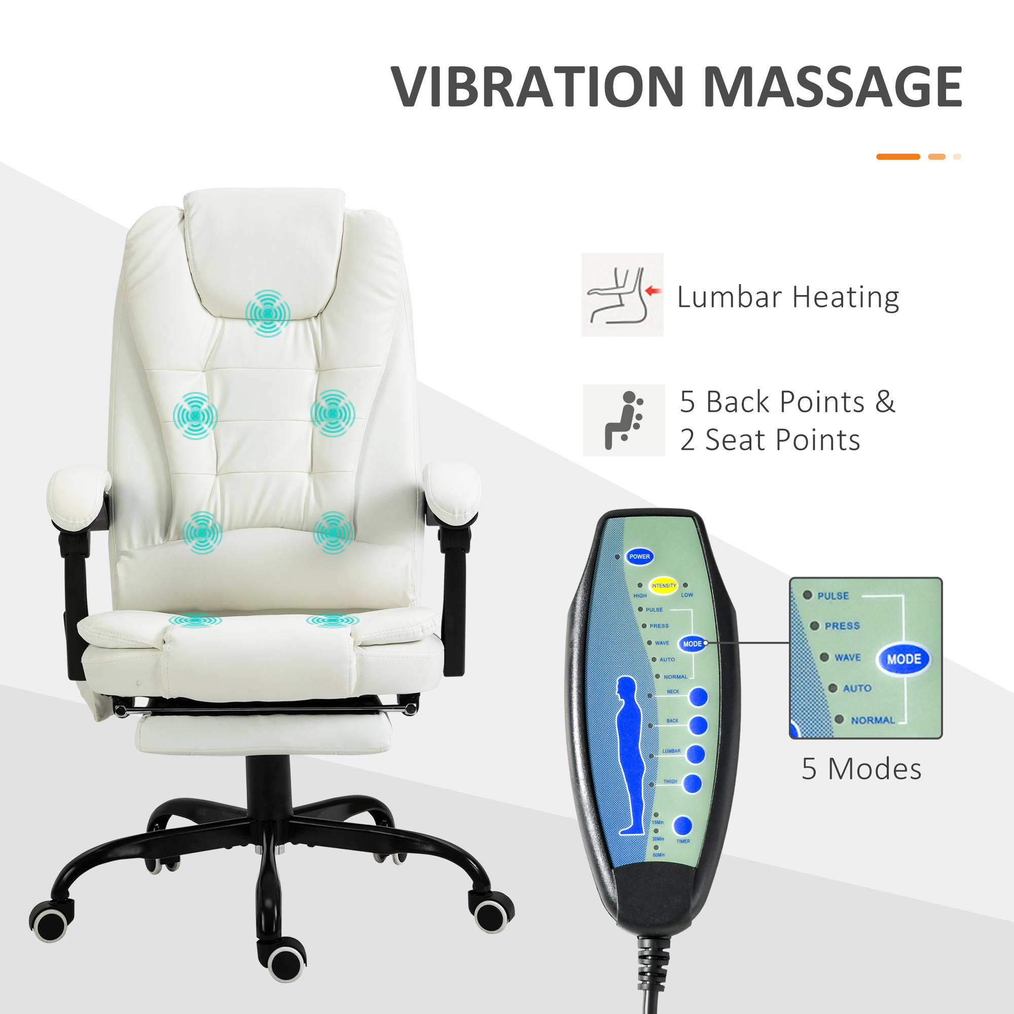HOMCOM 7-Point Vibrating Massage Office Chair High Back Executive Recliner with Lumbar Support, Footrest, Reclining Back, Adjustable Height, White HOMCOM 7-Point Vibrating Massage Office Chair High Back Executive Recliner with Lumbar Support, Footrest, Reclining Back, Adjustable Height, White