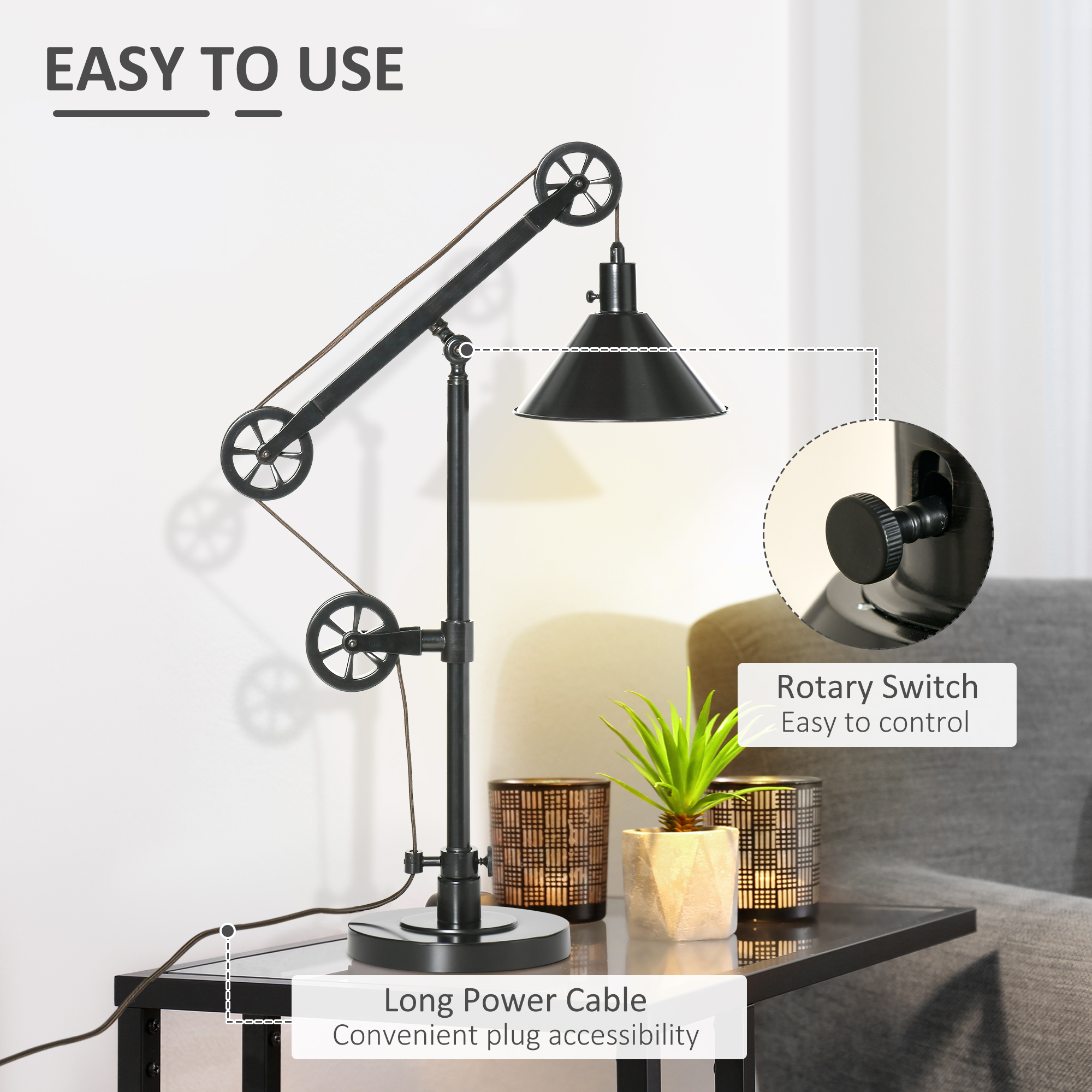HOMCOM Industrial Table Lamp with Steel Frame, for LED Halogen