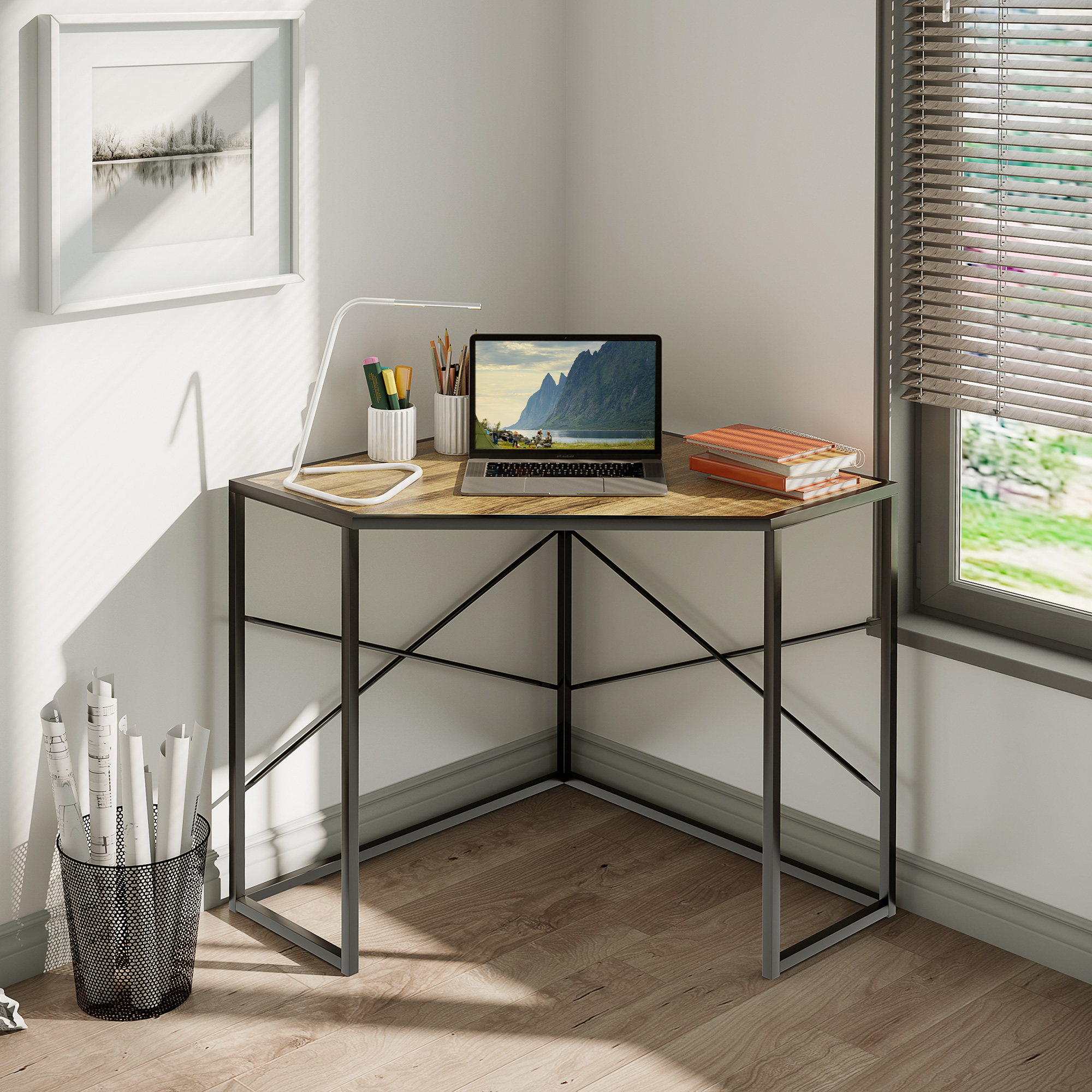 Corner Desk, Triangle Computer Desk with Steel Frame for Small