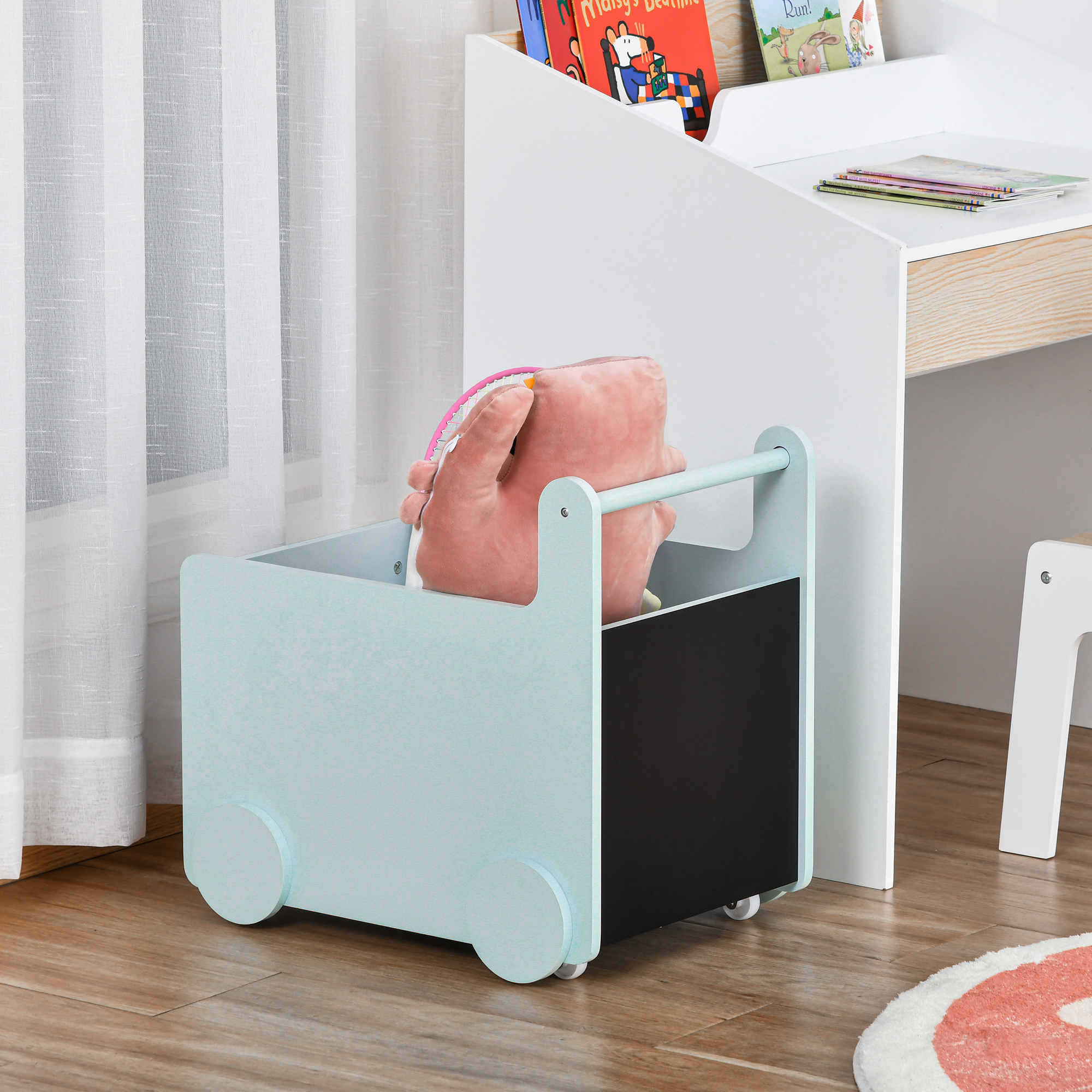 Qaba's Kids' Storage Cabinet, Organize Books, Toys, and Crafts, Safely Transport With Included Wheels, Blue 18.5"L x 13.75"W x 18"H 6