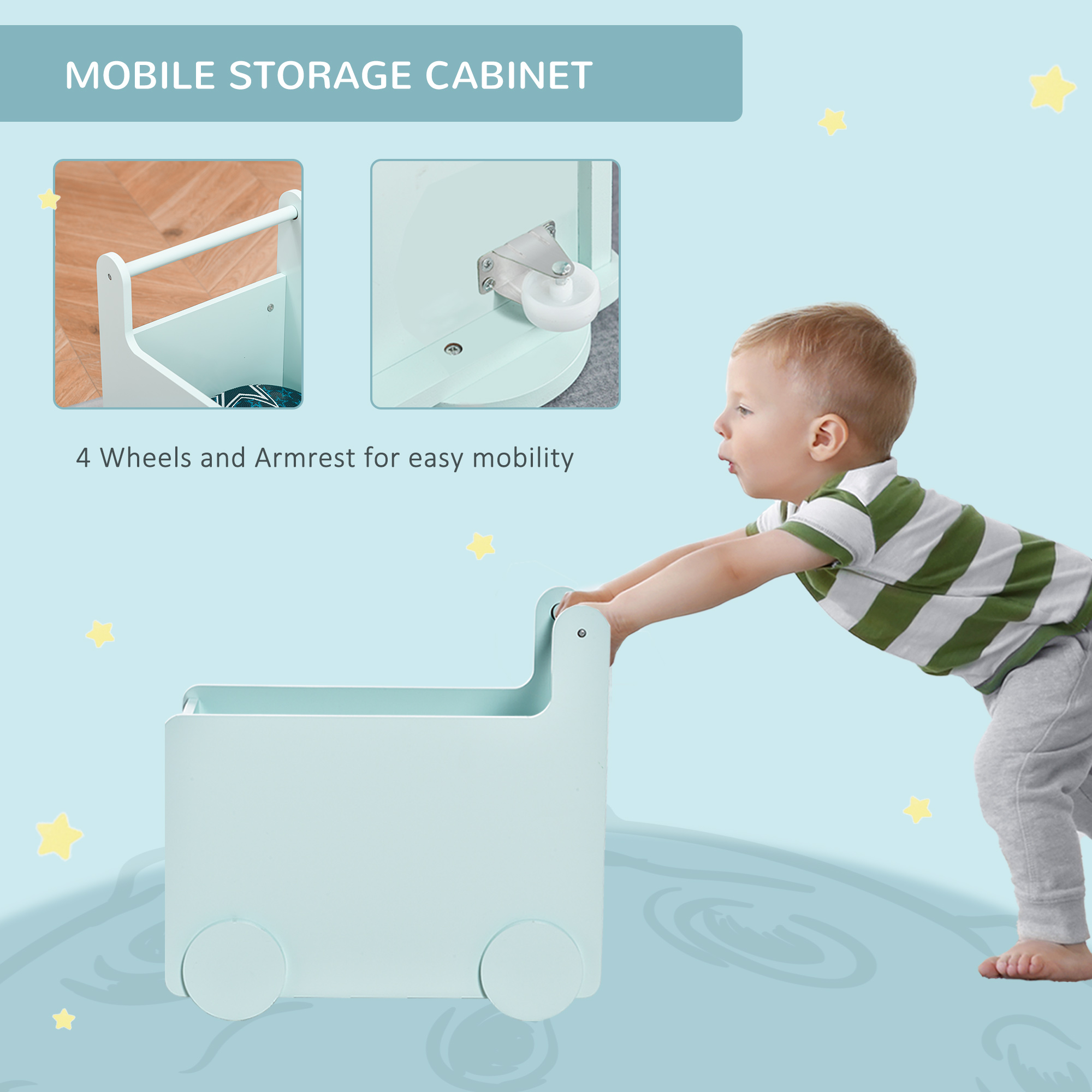 Qaba's Kids' Storage Cabinet, Organize Books, Toys, and Crafts, Safely Transport With Included Wheels, Blue 18.5"L x 13.75"W x 18"H 4