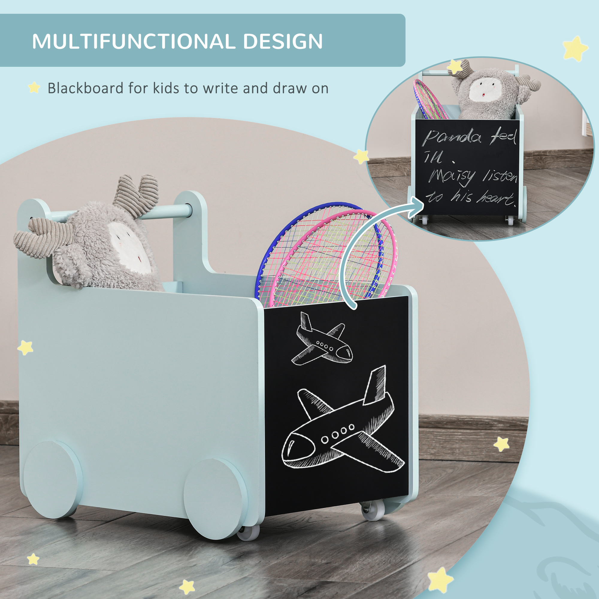 Qaba's Kids' Storage Cabinet, Organize Books, Toys, and Crafts, Safely Transport With Included Wheels, Blue 18.5"L x 13.75"W x 18"H 5