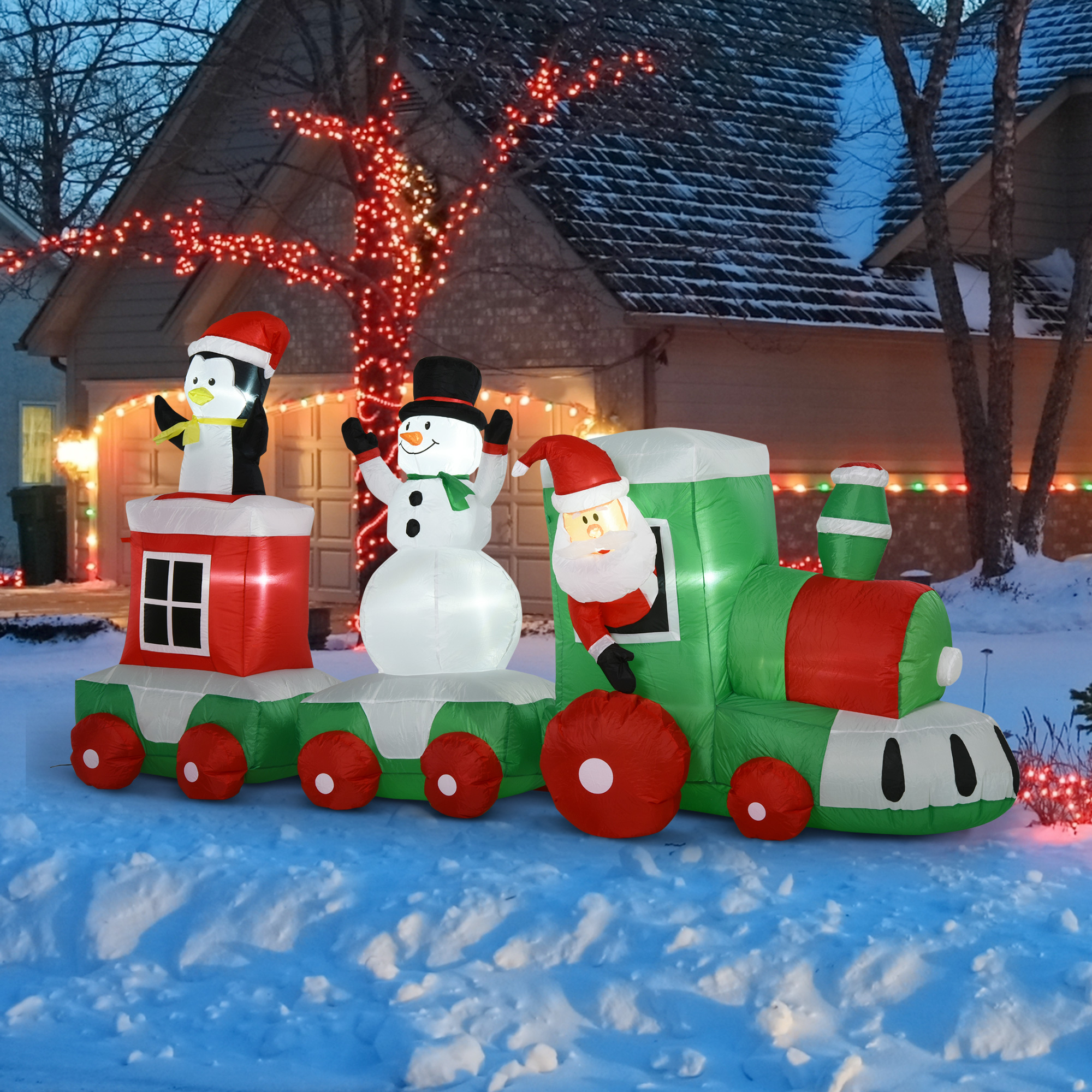 11' Long Christmas Inflatable Train with LED Lights Santa Claus