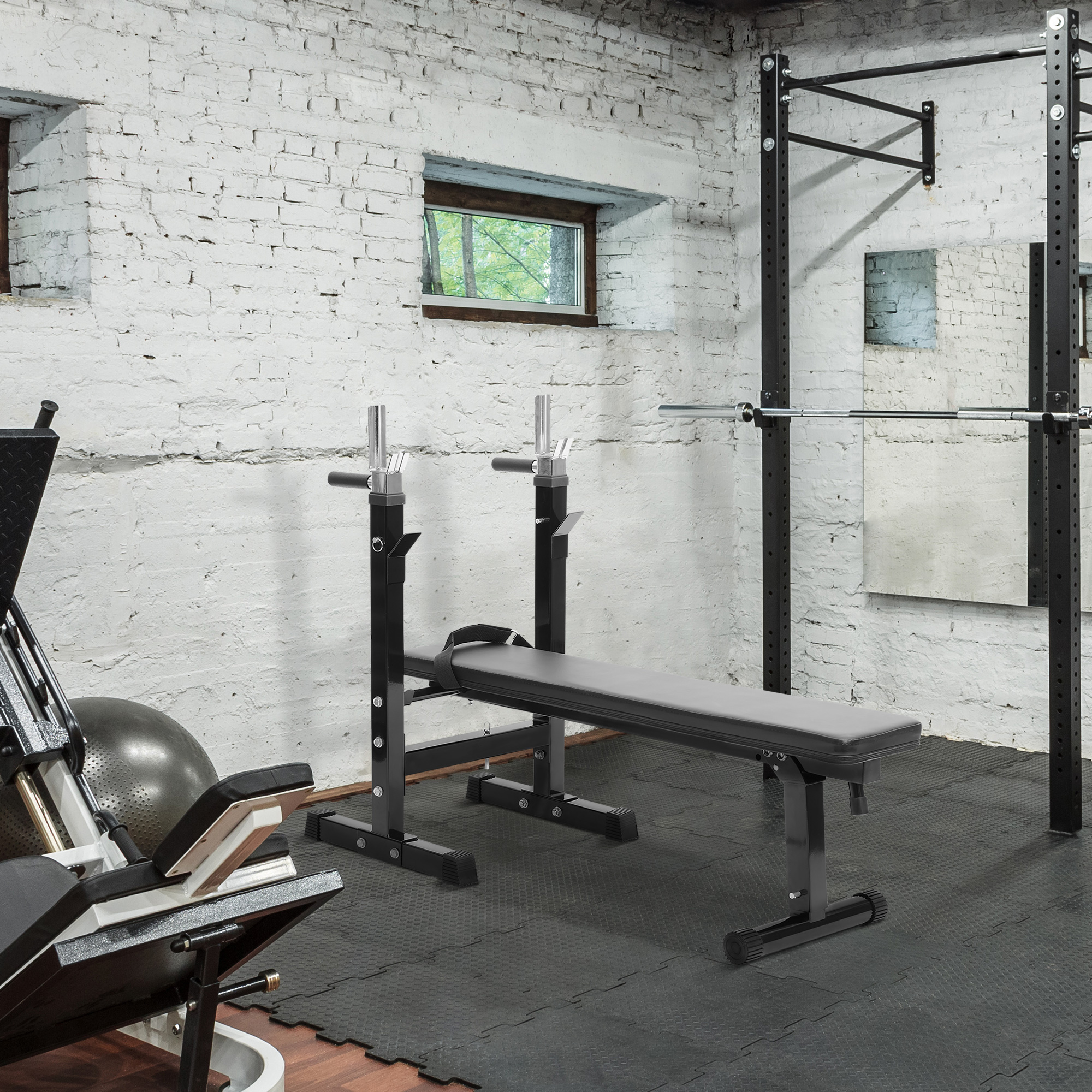 Soozier Adjustable Weight Bench With Barbell Rack, Folding Strength