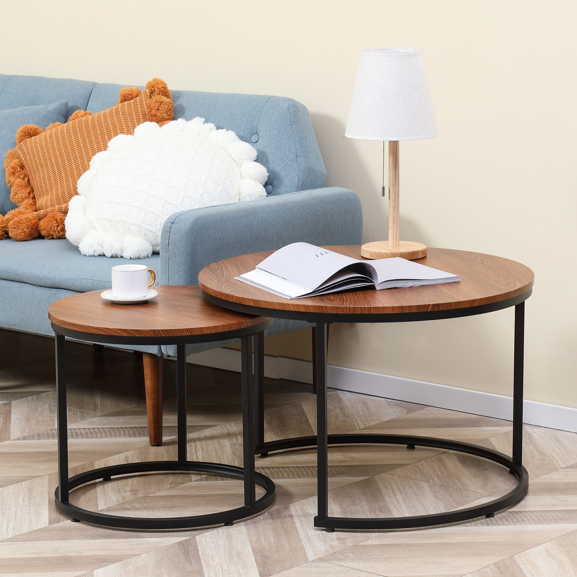 HOMCOM Round Nesting Tables Set of 2, Stacking Coffee Table Set with Metal Frame for Living Room, Dark Walnut 5