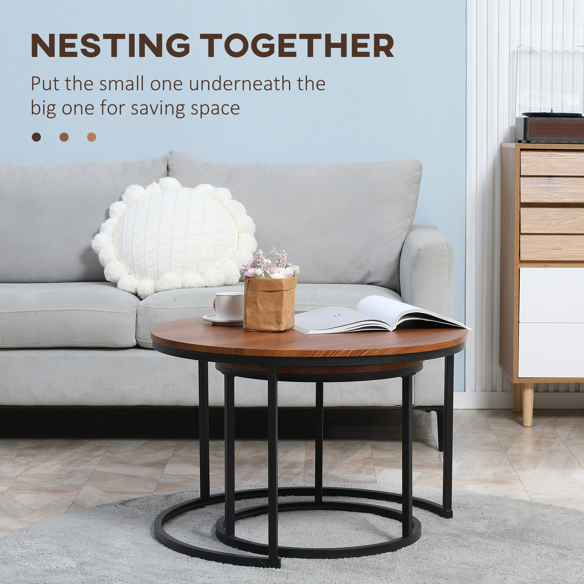 HOMCOM Round Nesting Tables Set of 2, Stacking Coffee Table Set with Metal Frame for Living Room, Dark Walnut 2