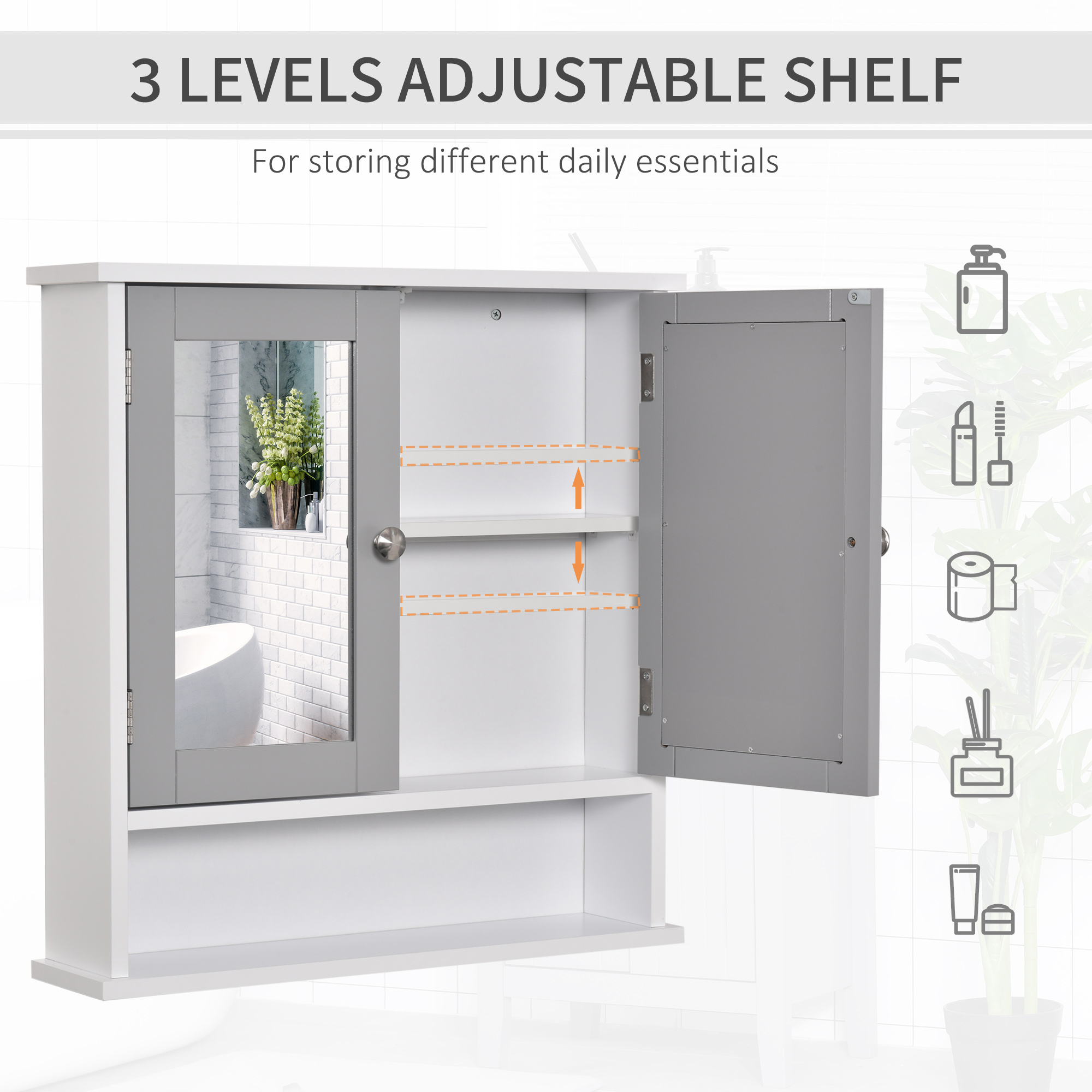 Kleankin Over The Toilet Storage With Mirror, Wall Mounted With Double Mirrored Doors,Bathroom Mirror Cabinet, Cupboard ,Shelf, White , Aosom Canada