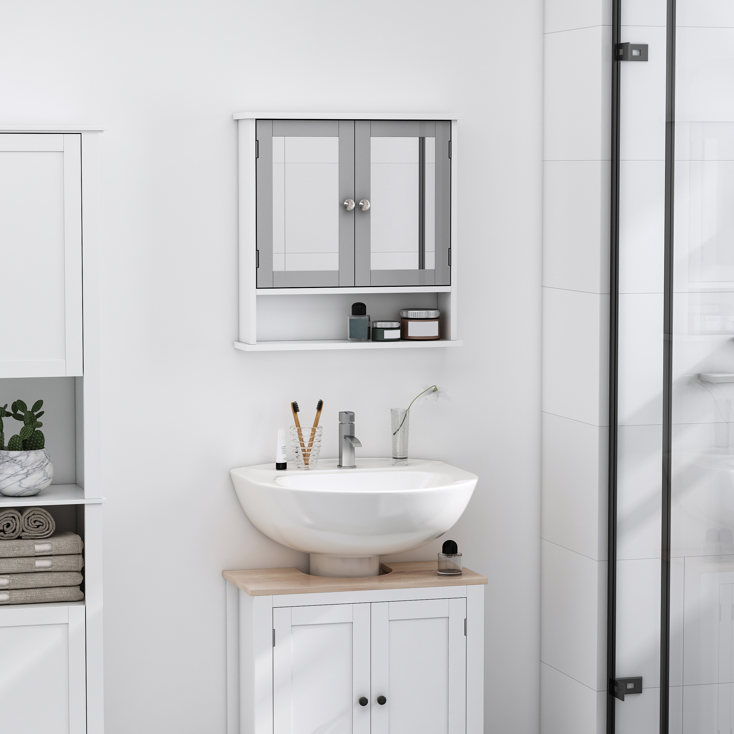 Kleankin Over The Toilet Storage With Mirror, Wall Mounted With Double Mirrored Doors,Bathroom Mirror Cabinet, Cupboard ,Shelf, White , Aosom Canada