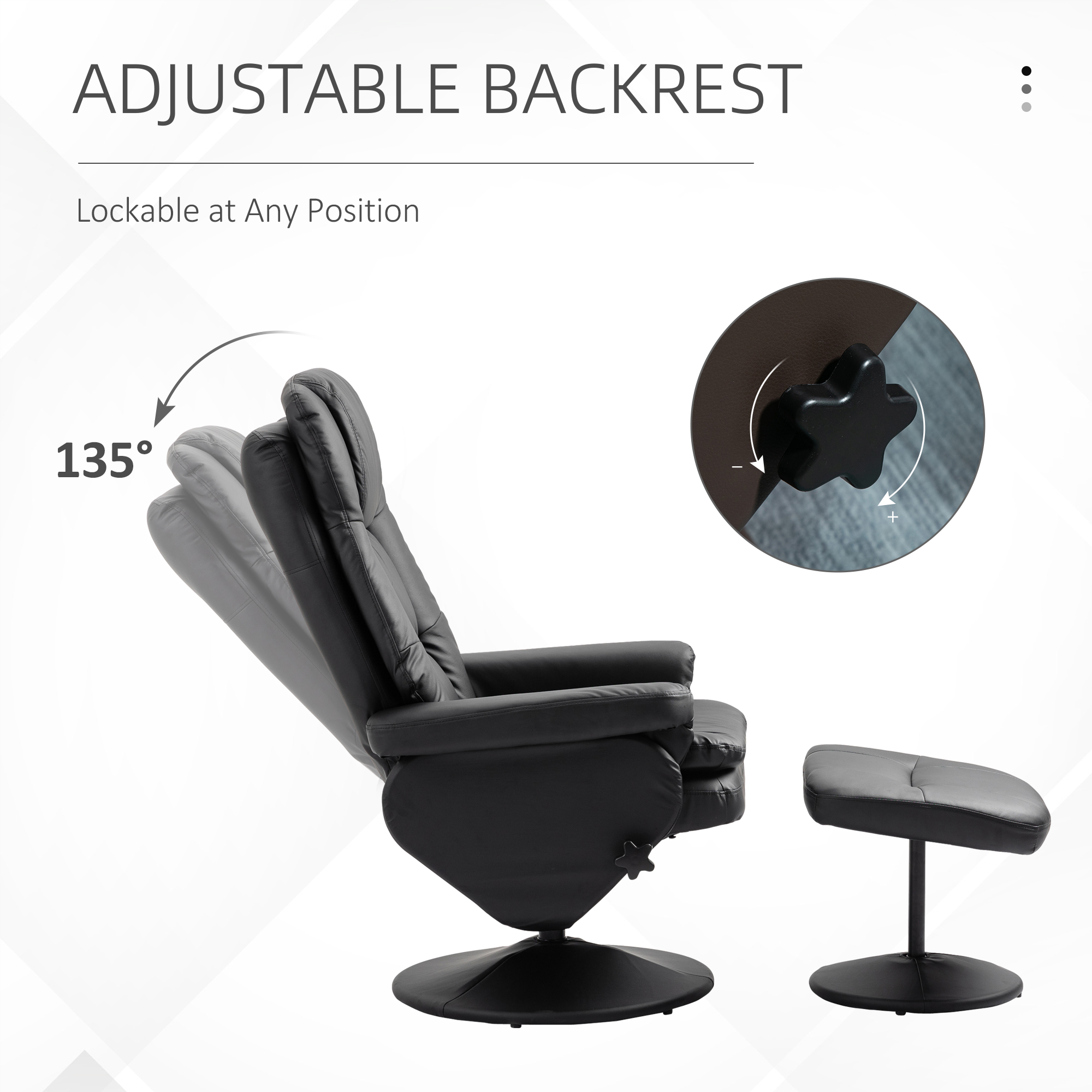 HOMCOM Recliner and Ottoman with Wrapped Base, Swivel PU Leather Reclining Chair with Footrest for Living Room, Bedroom and Office, Black| Aosom.com 2
