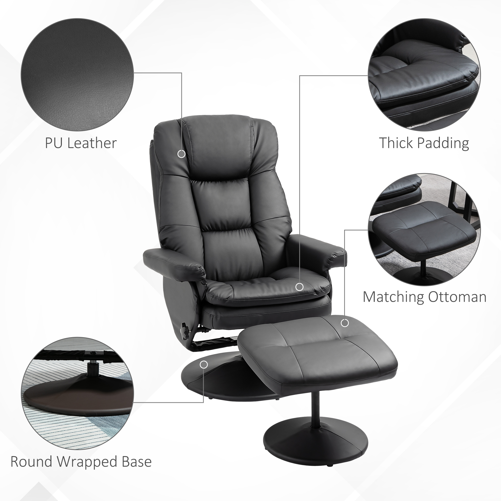 HOMCOM Recliner and Ottoman with Wrapped Base, Swivel PU Leather Reclining Chair with Footrest for Living Room, Bedroom and Office, Black| Aosom.com 4