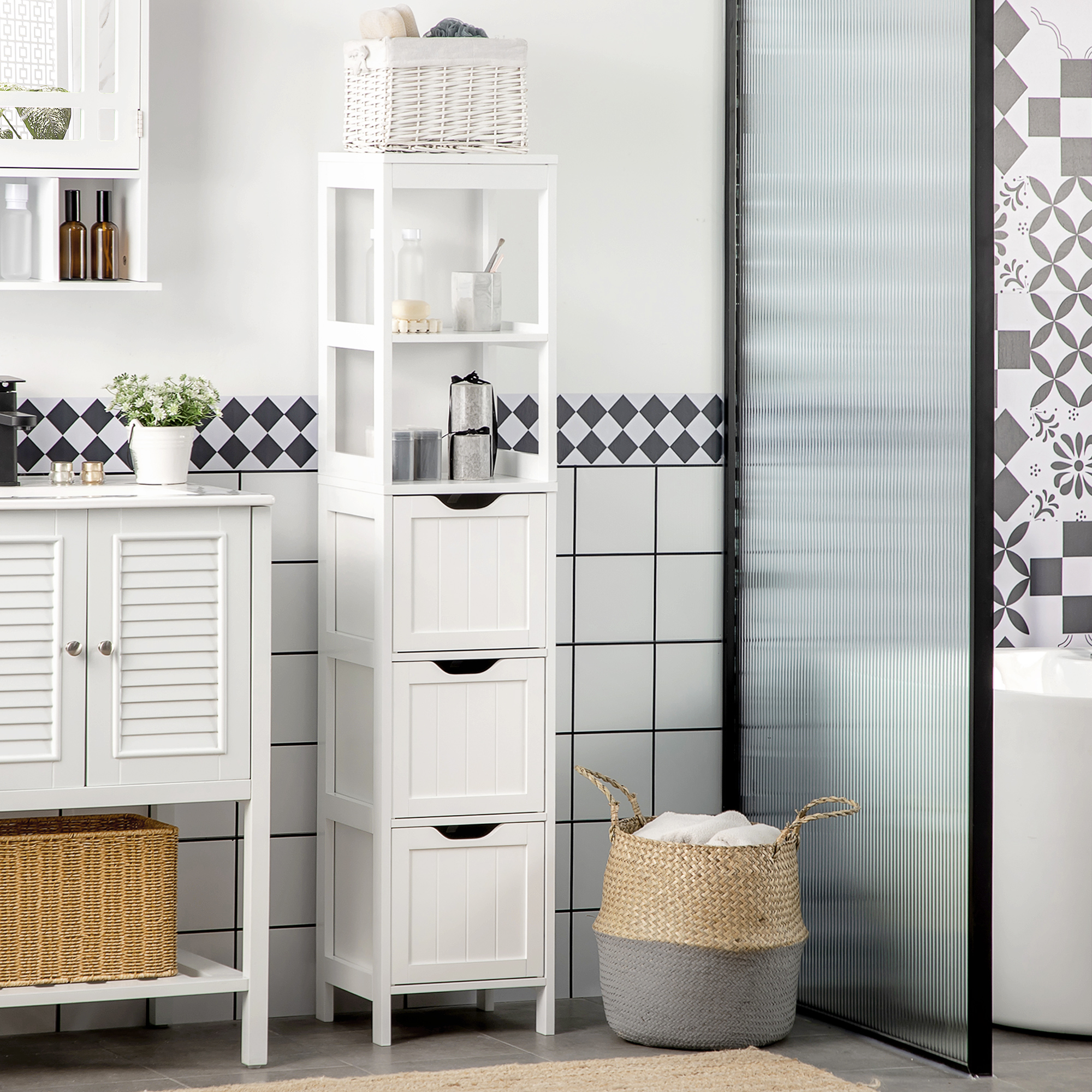 kleankin Narrow Bathroom with 3 Drawers and 2 Tier Shelf, Tall
