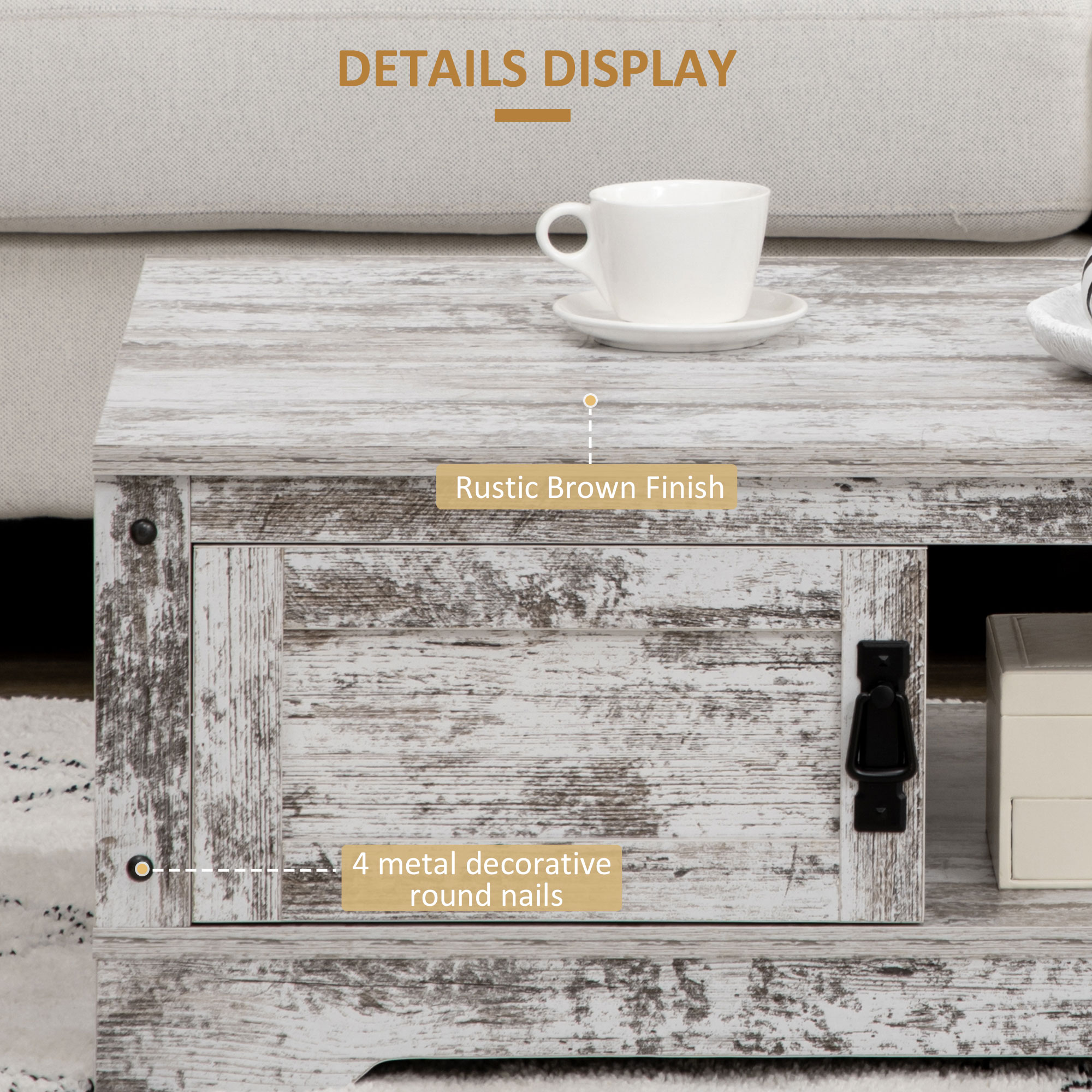 HOMCOM Rustic Coffee Table with Storage, Vintage Coffee Table for Living Room Furniture, Cocktail Table with Cabinet, Open Storage Compartments 3