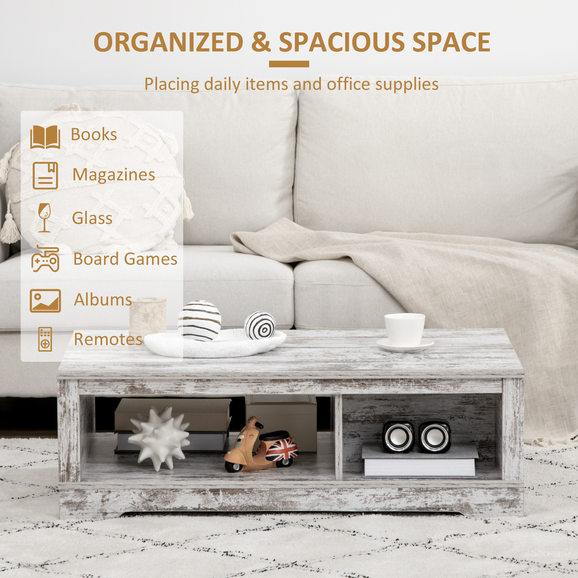 HOMCOM Rustic Coffee Table with Storage, Vintage Coffee Table for Living Room Furniture, Cocktail Table with Cabinet, Open Storage Compartments 2