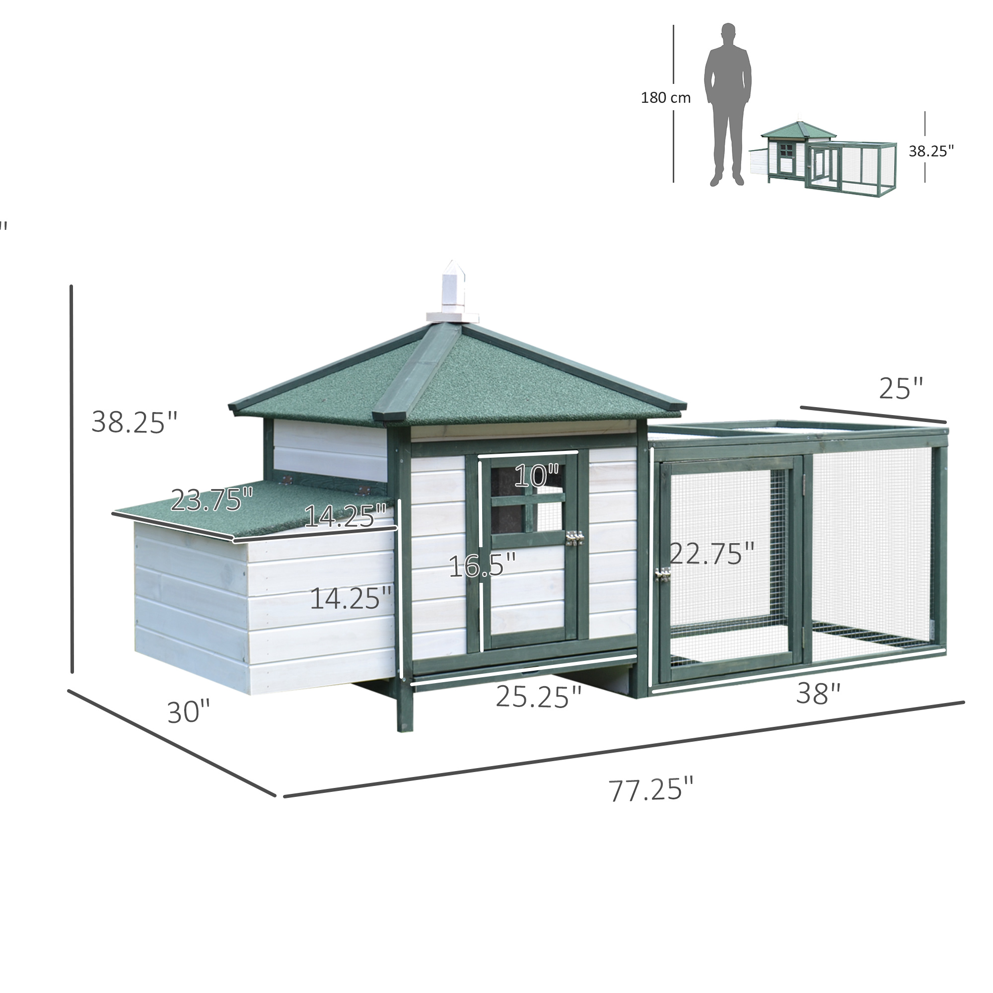 PawHut 77 Wooden Chicken Coop Hen House, Poultry Cage With Weatherproof Roof, Nesting Box, Enclosed Run & Removable Tray For Outdoor Backyard, Green