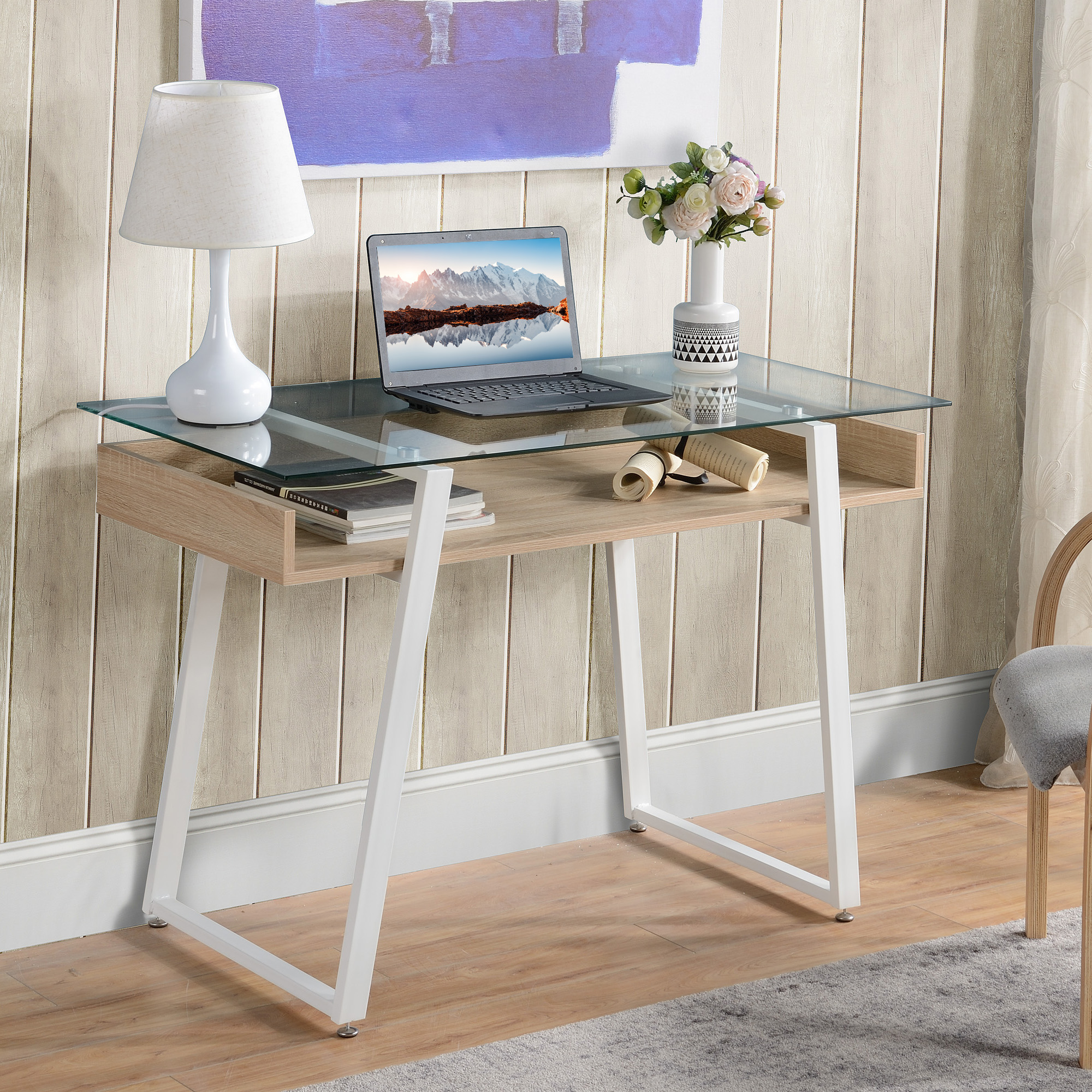 HOMCOM Computer Desk Workstation Center Writing Laptop Table Glass Top ...