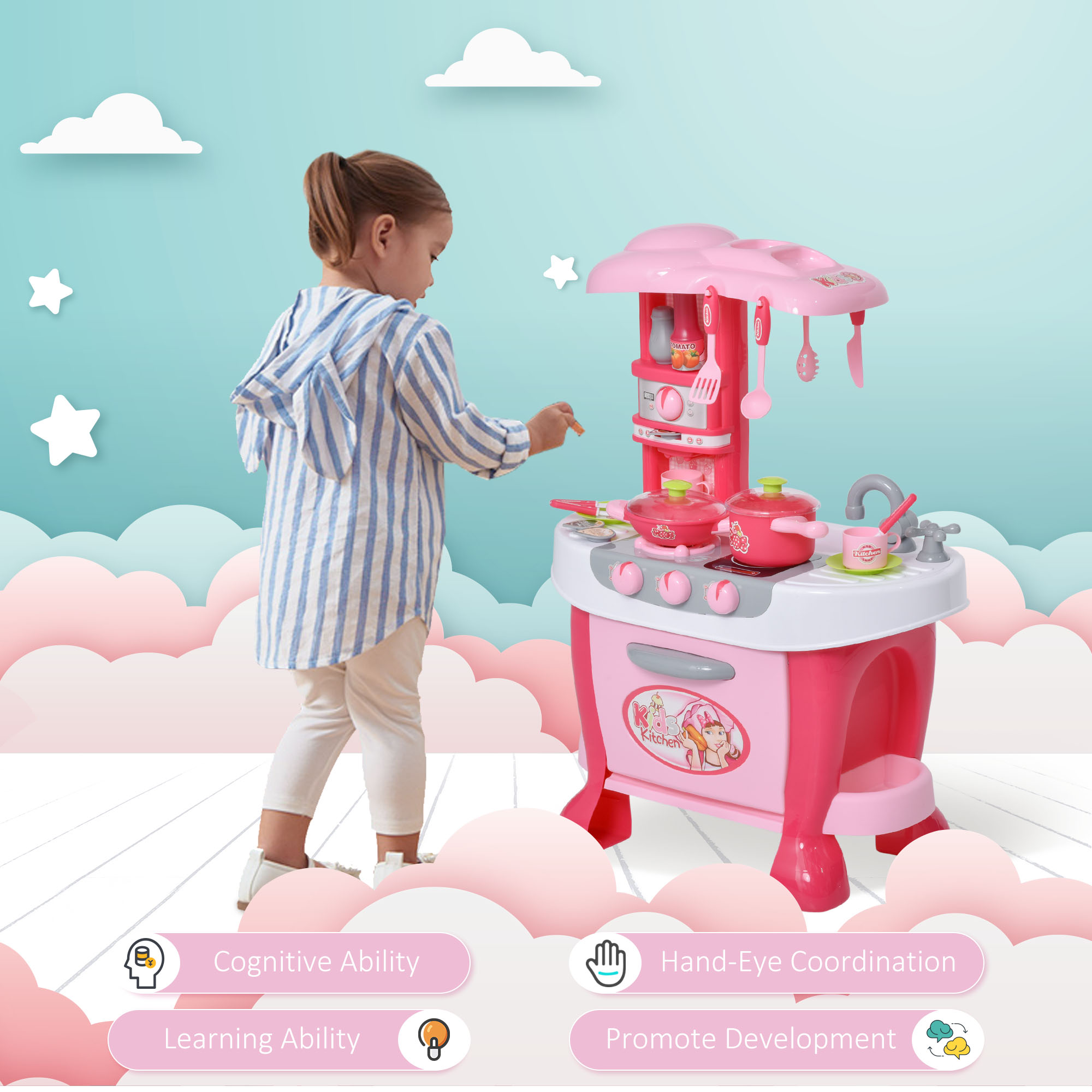 Qaba Kids Kitchen Playset Pretend Toy Children Role Play Game Toy W/ Light & Sound Function 38Pcs Toy Accessories - Pink , Aosom Canada