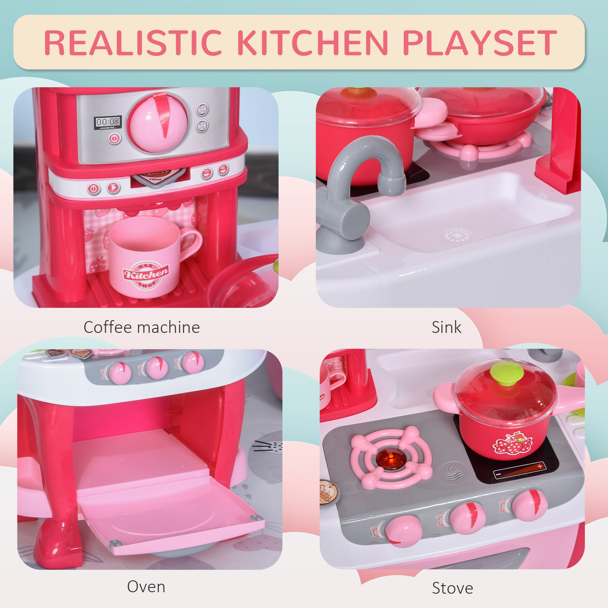 Qaba Kids Kitchen Playset Pretend Toy Children Role Play Game Toy W/ Light & Sound Function 38Pcs Toy Accessories - Pink , Aosom Canada