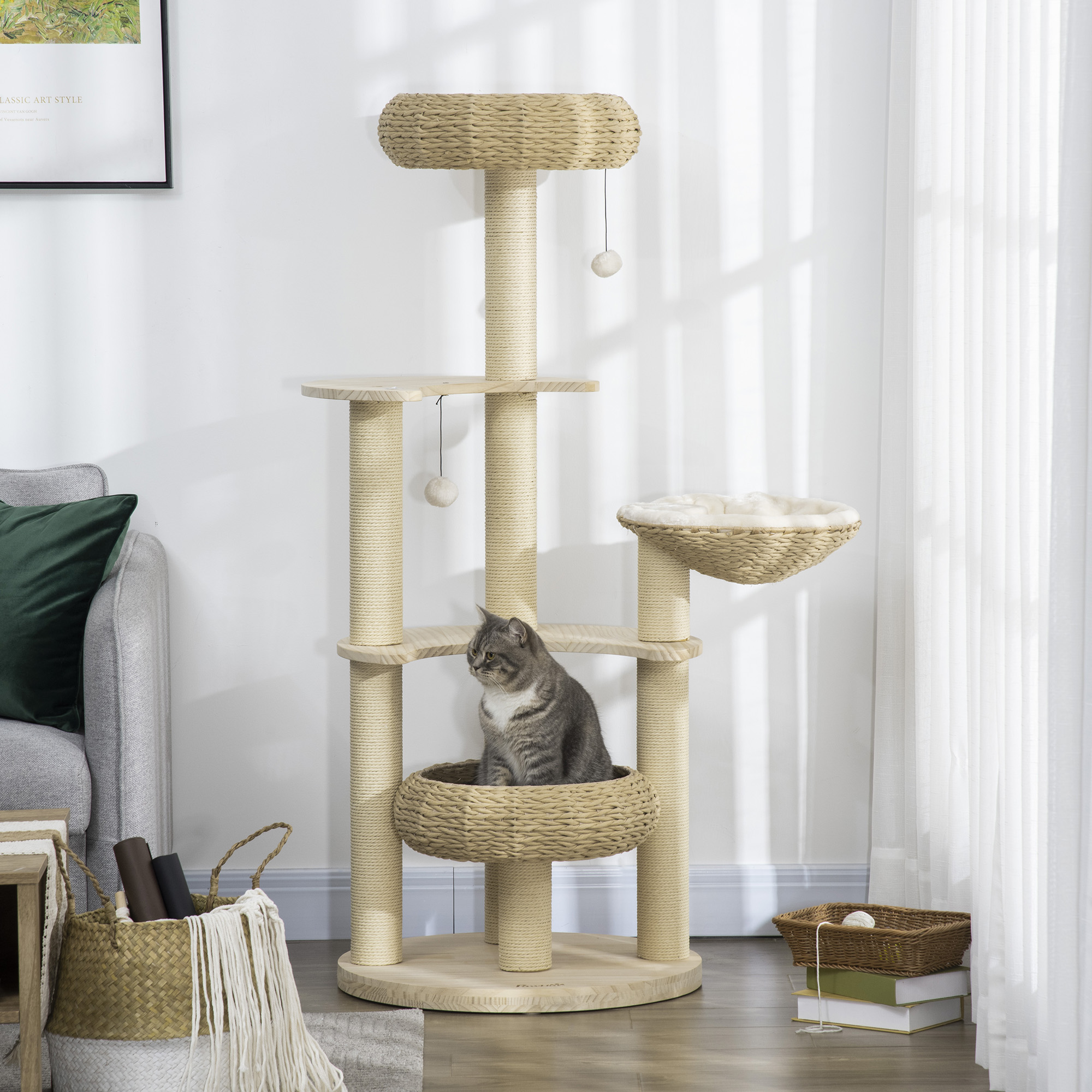 PawHut 57" Cat Tree, Kitty Activity Centre, Wooden Cat Climbing Toy