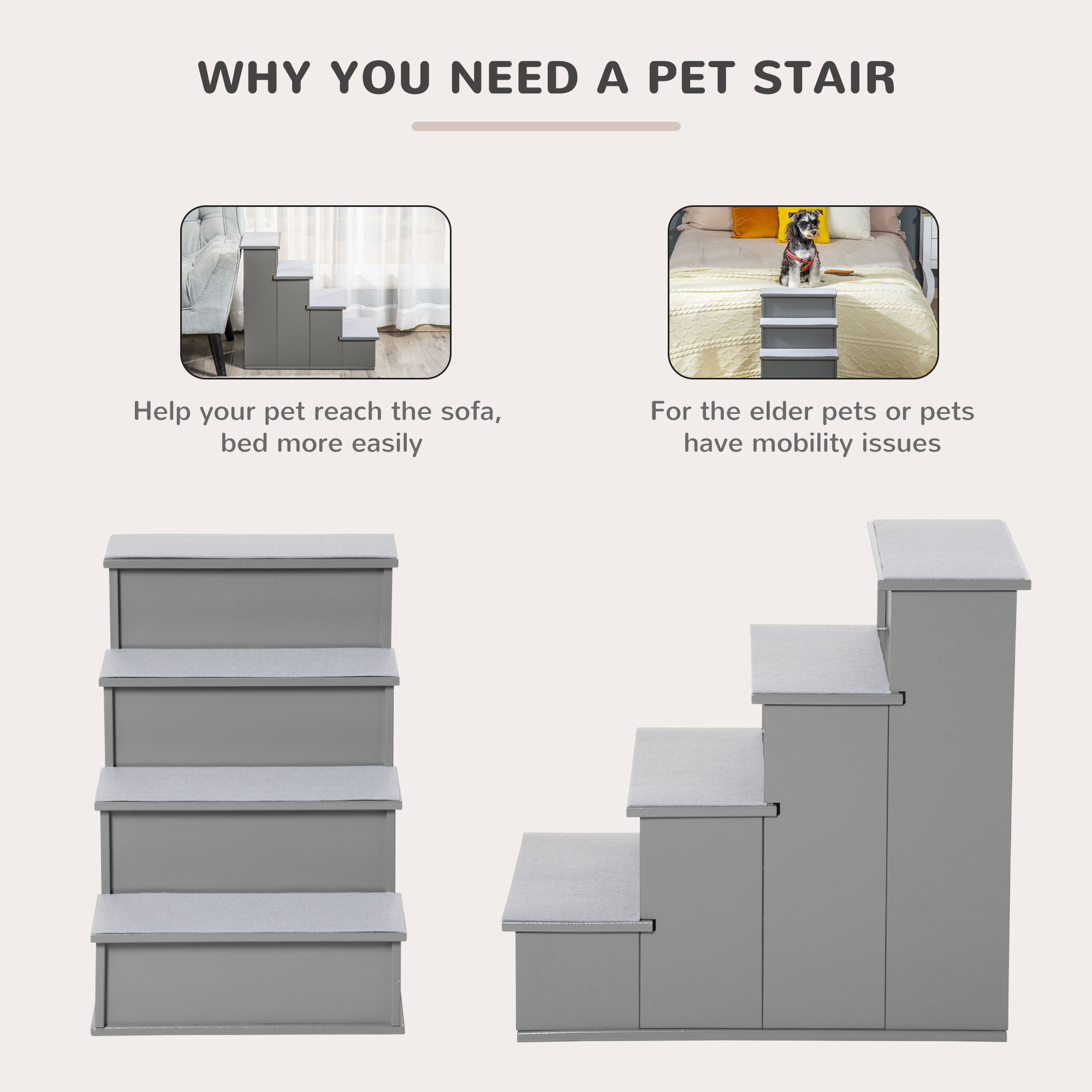 PawHut Dog Steps Pet Stairs For Bed Cat Ladder For Couch With Non-Slip Carpet, 15.7 X 23.2 X 21.3, Grey , Aosom Canada