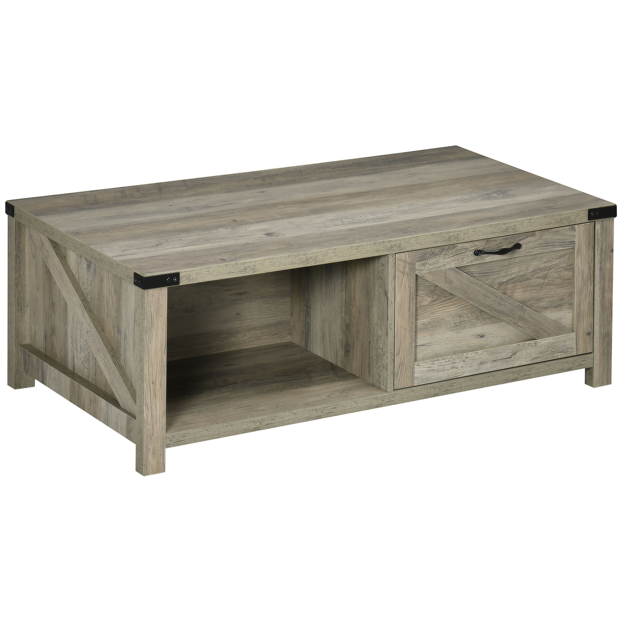 Farmhouse Coffee Table with Storage and Drawer, Rustic Coffee