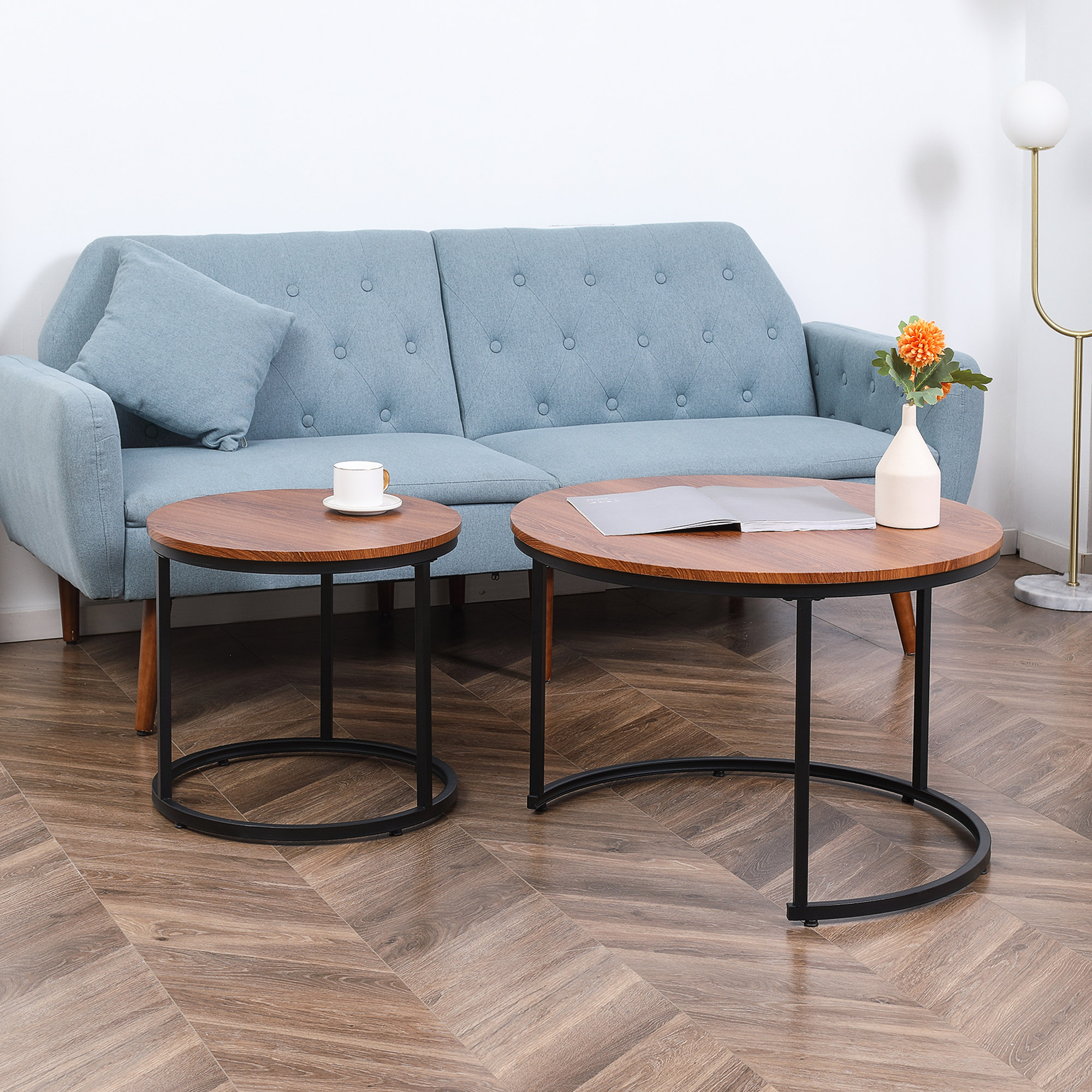 HOMCOM Round Nesting Tables Set of 2, Stacking Coffee Table Set with Metal Frame for Living Room, Dark Walnut 0