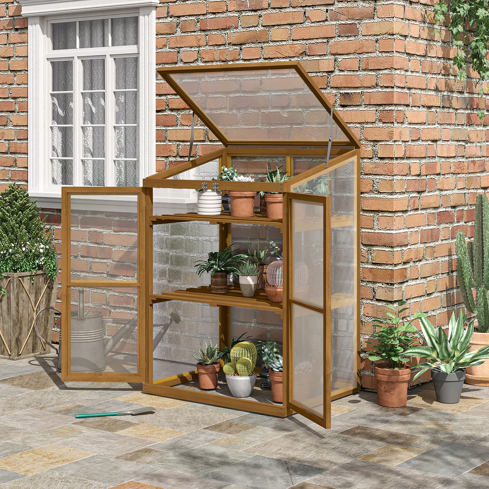 Wooden Cold Frame Greenhouse Small Mini Planter Box with Shelves