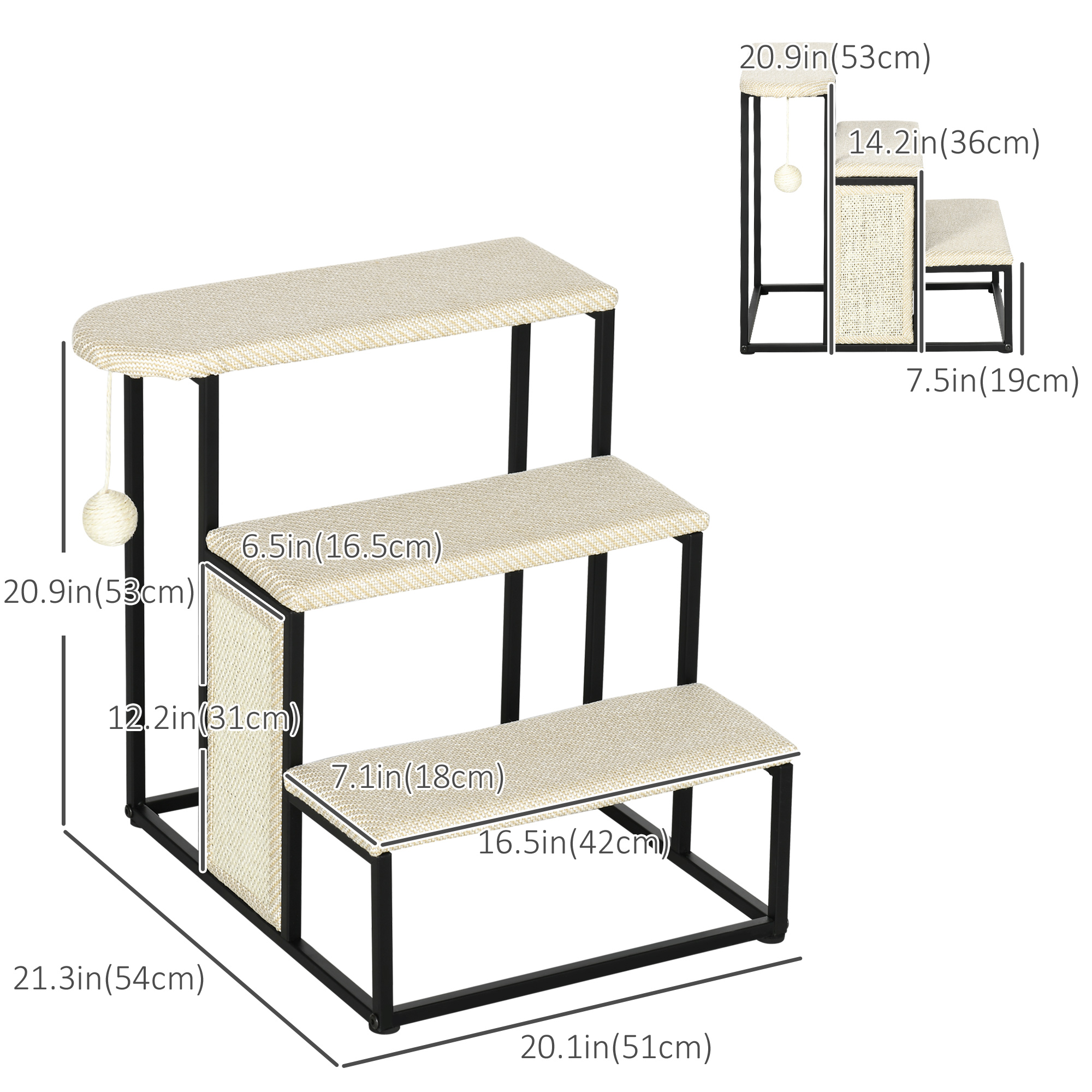 PawHut 20 3 Steps Stair Cat, With Scratching Board And Hanging Ball，Carpeted Ladder Ramp, Cream White , Aosom Canada