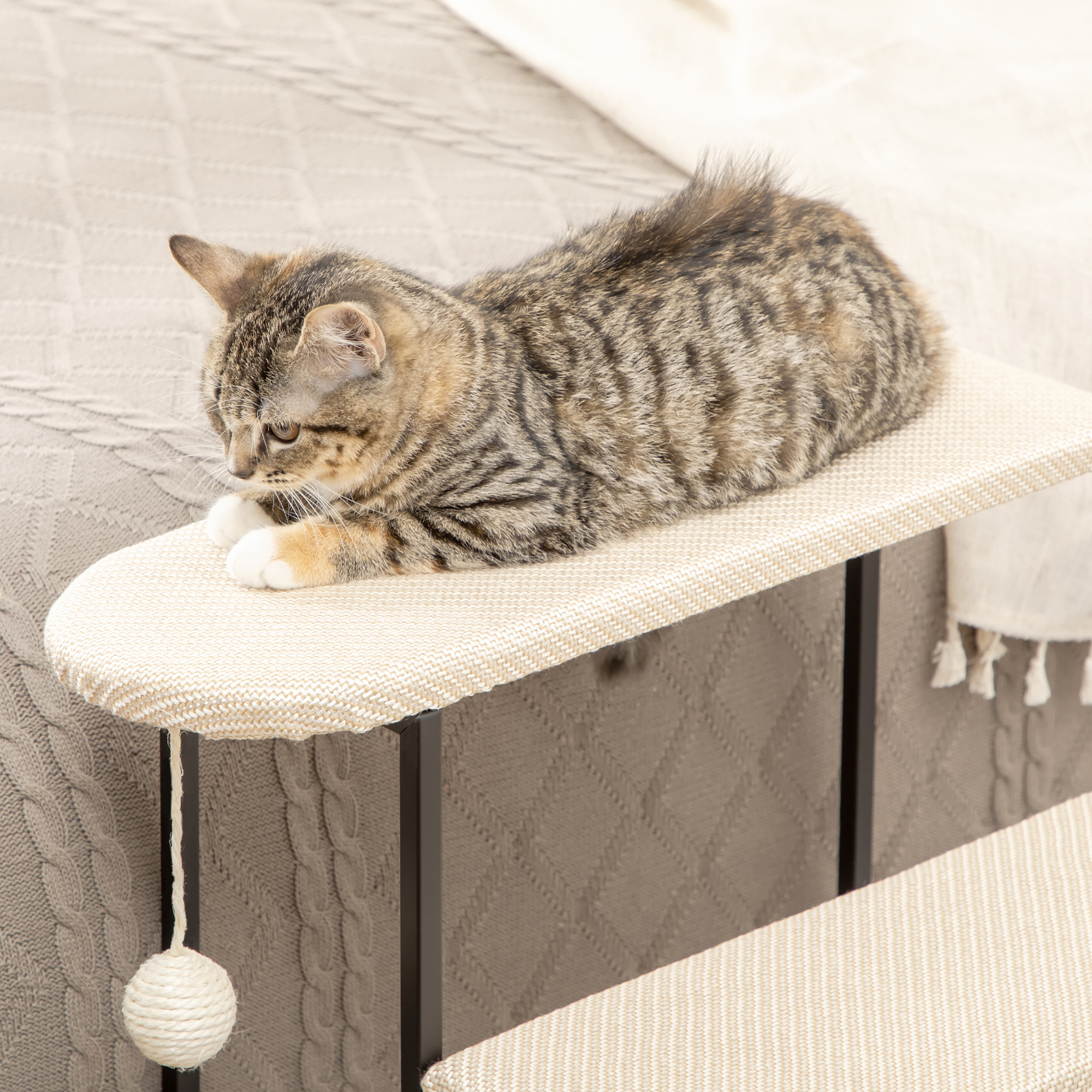 PawHut 20 3 Steps Stair Cat, With Scratching Board And Hanging Ball，Carpeted Ladder Ramp, Cream White , Aosom Canada