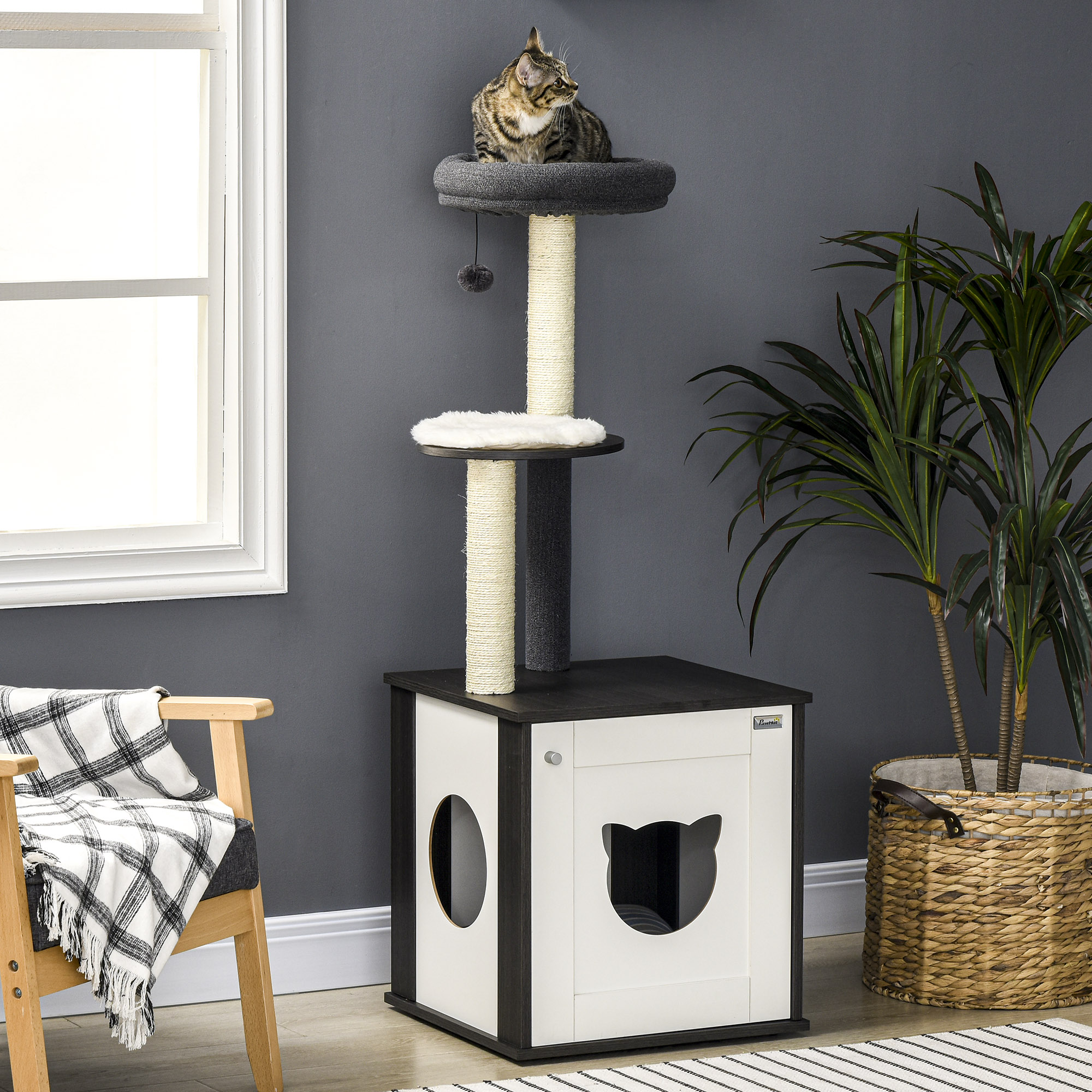 PawHut Cat Tree with Litter Box Enclosure, Kitty Tower with Scratching