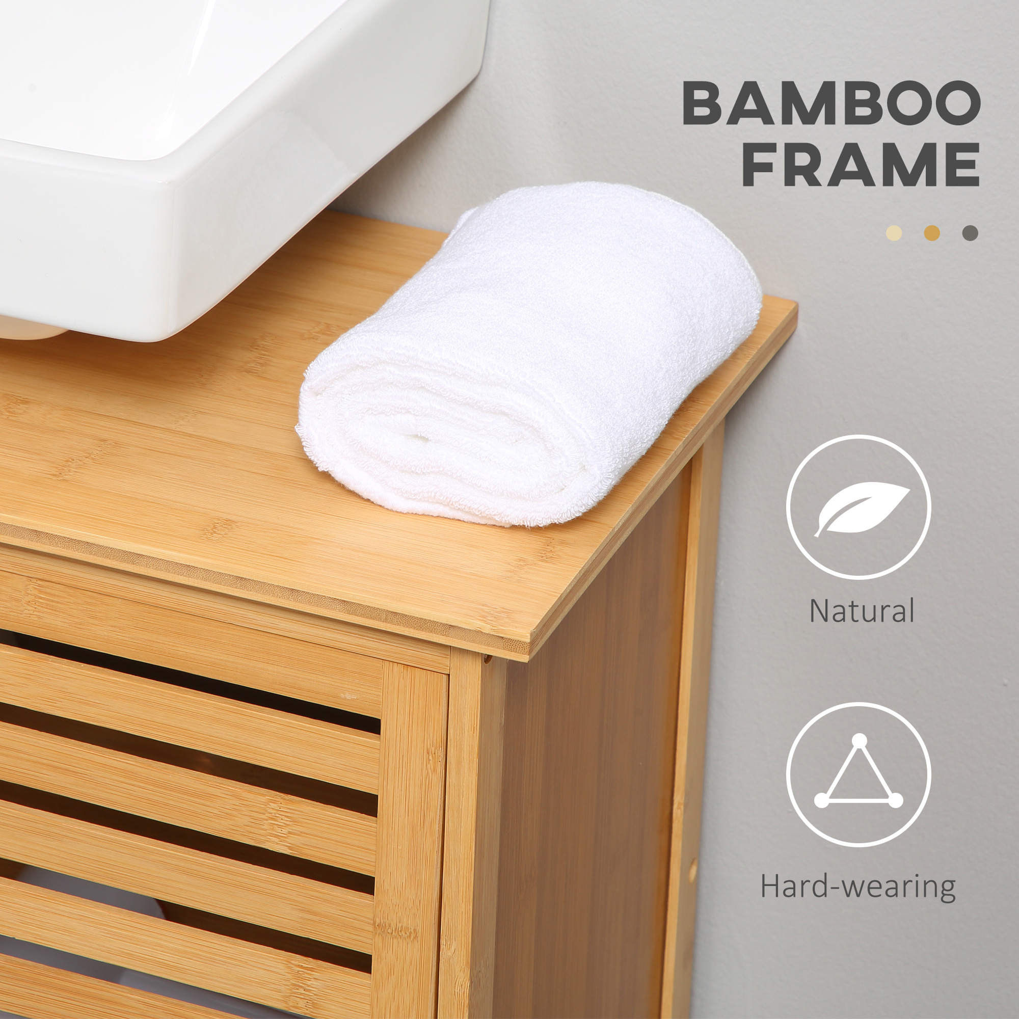 kleankin Bamboo Under Sink Cabinet with 2 Slat Doors Freestanding Bathroom Vanity Natural | Aosom.com 4