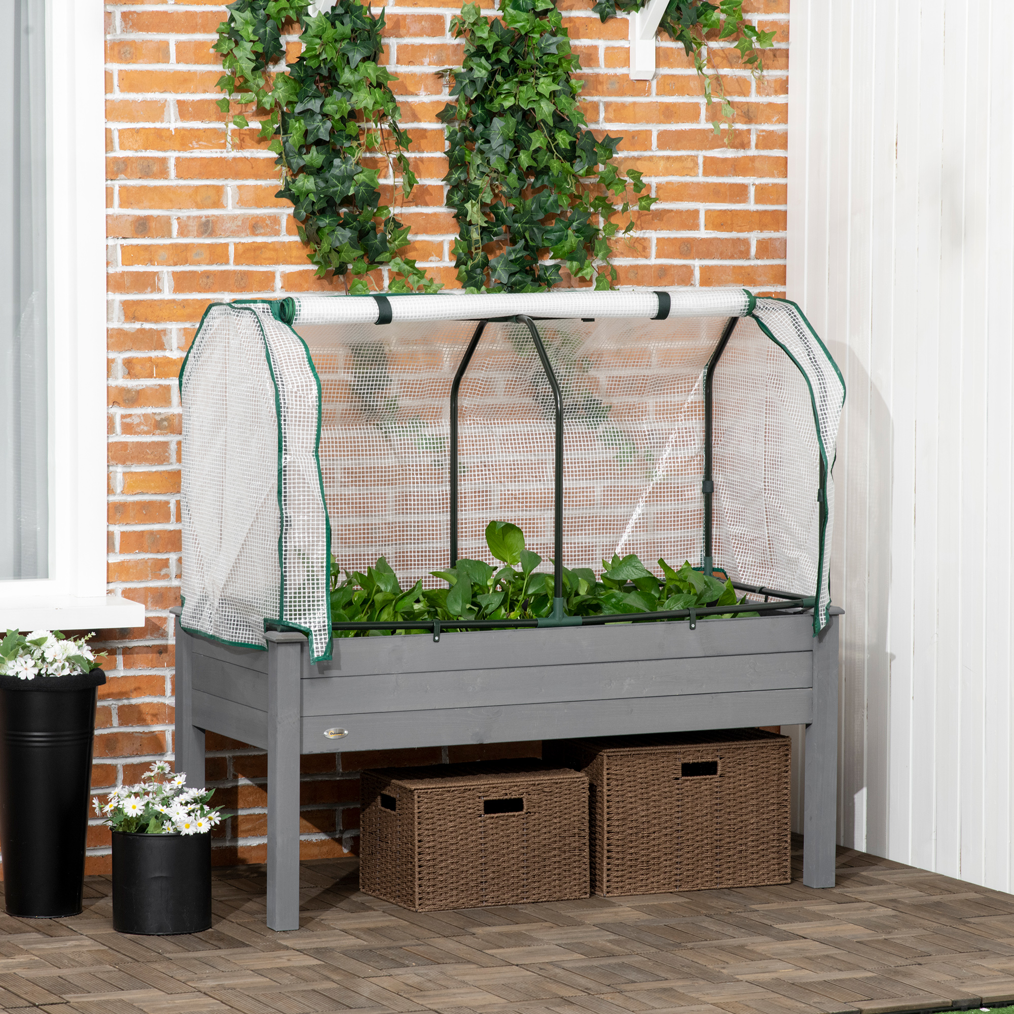 Outsunny Raised Garden Bed With PE Greenhouse Cover Outdoor Elevated Wood Planter Box For Herbs And Vegetables Dark Gray , Aosom Canada