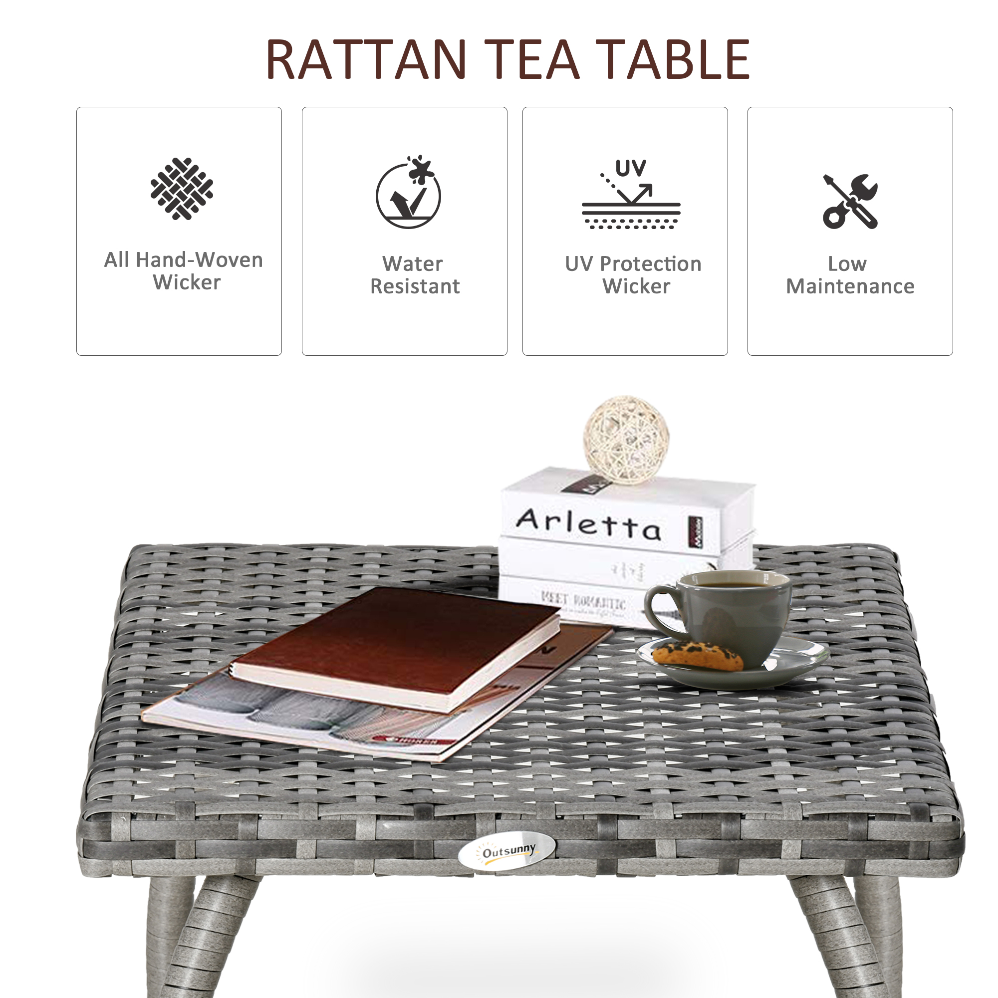 Outsunny Rattan Wicker Side Table for Outdoor Garden Balcony Backyard Gray
